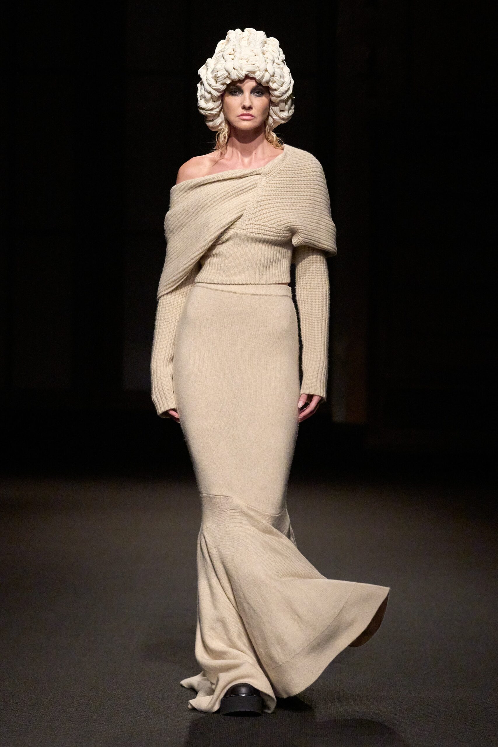 beige fitted off-shoulder dress