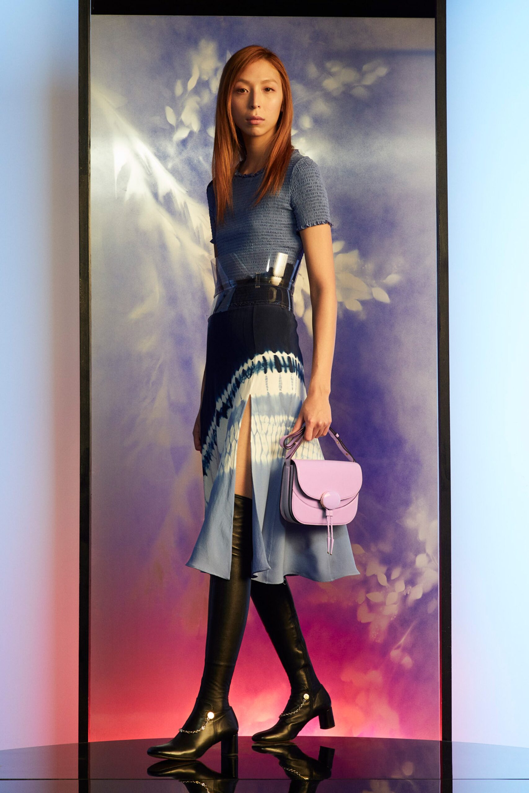 blue fitted top and midi skirt