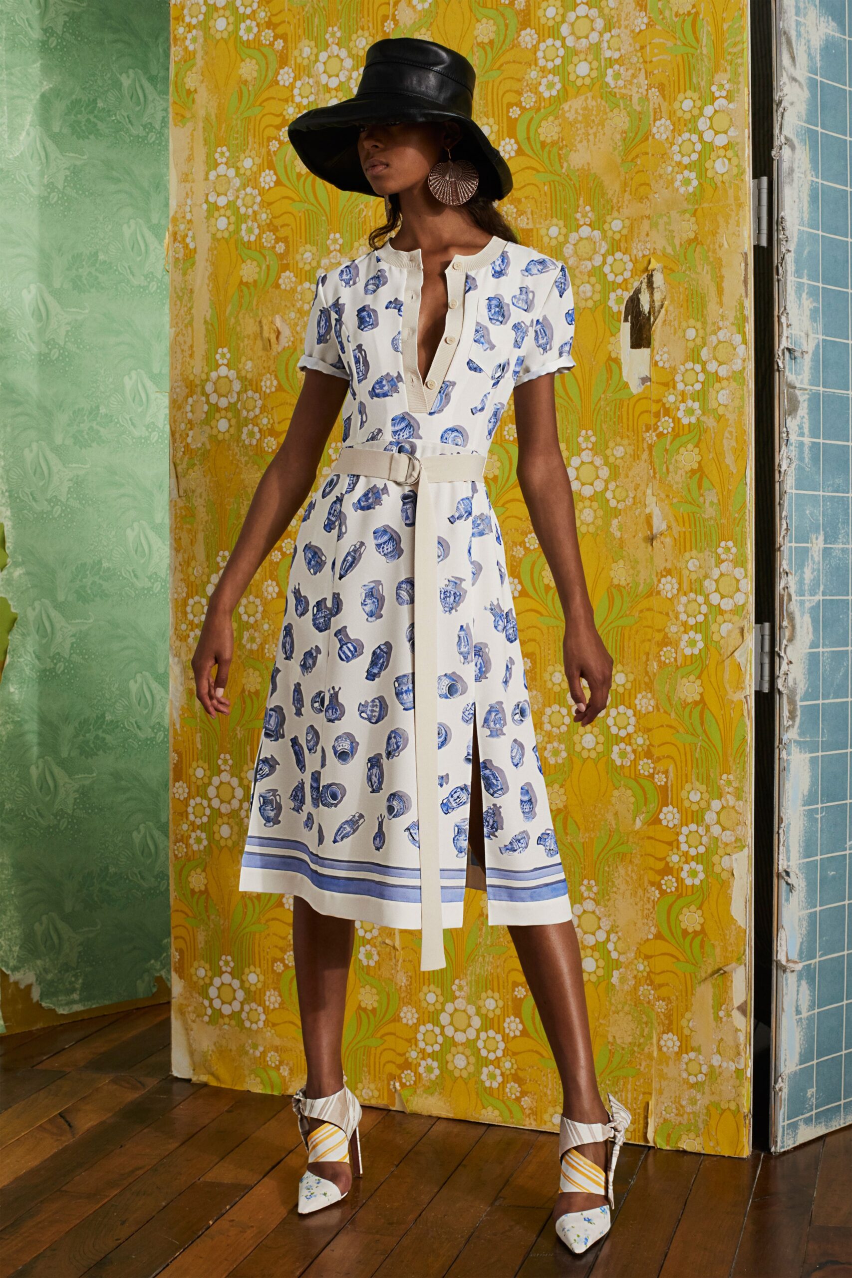 white blue printed midi dress