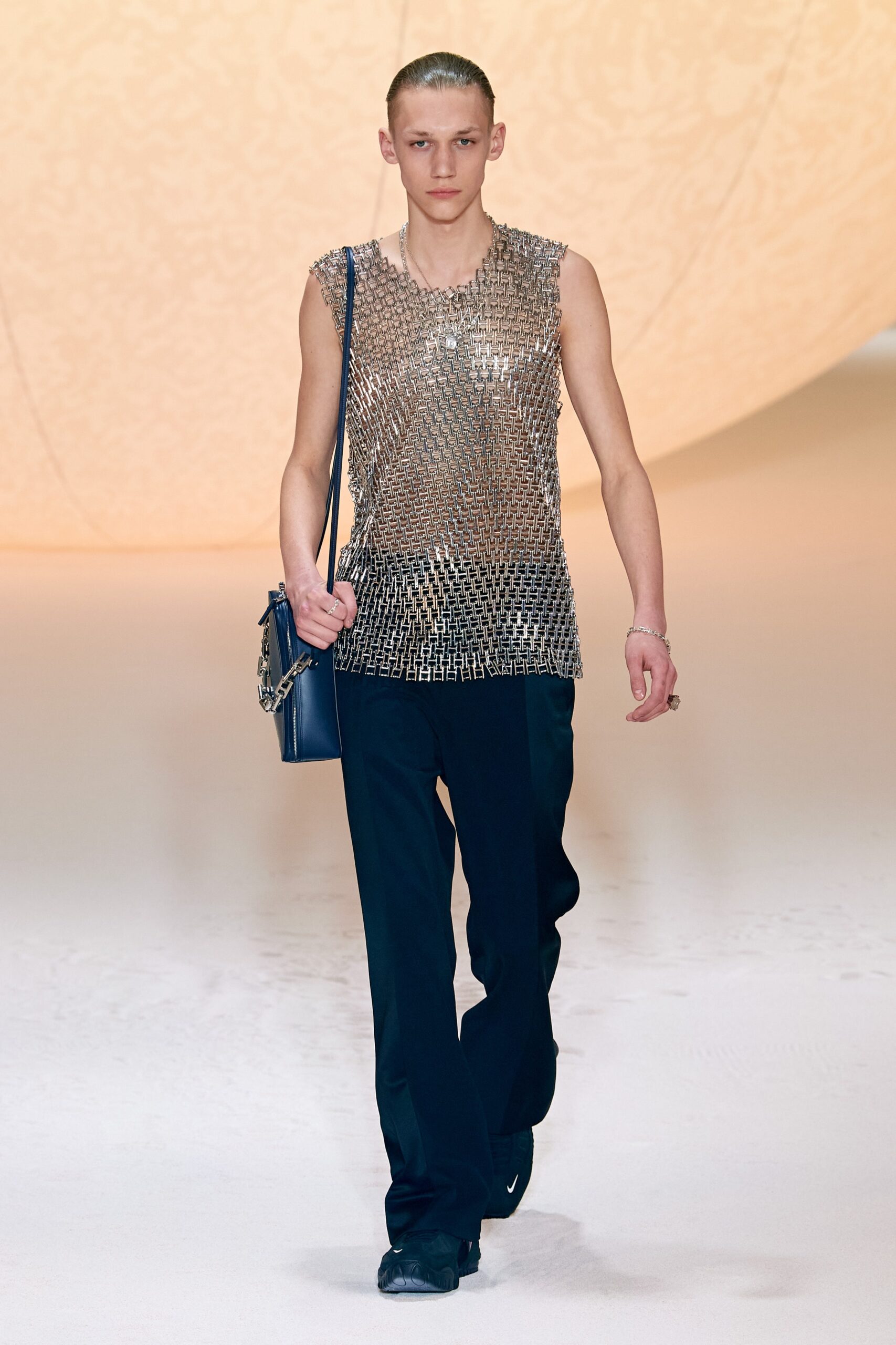 gray metallic sleeveless high-neck fitted layered shiny top