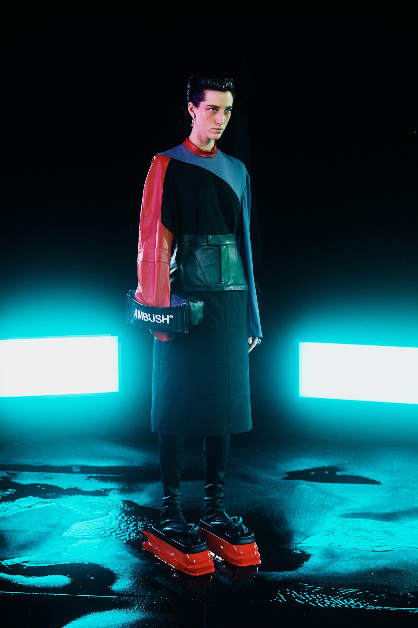 black cotton long-sleeve high-neck fitted color-blocked midi dress
