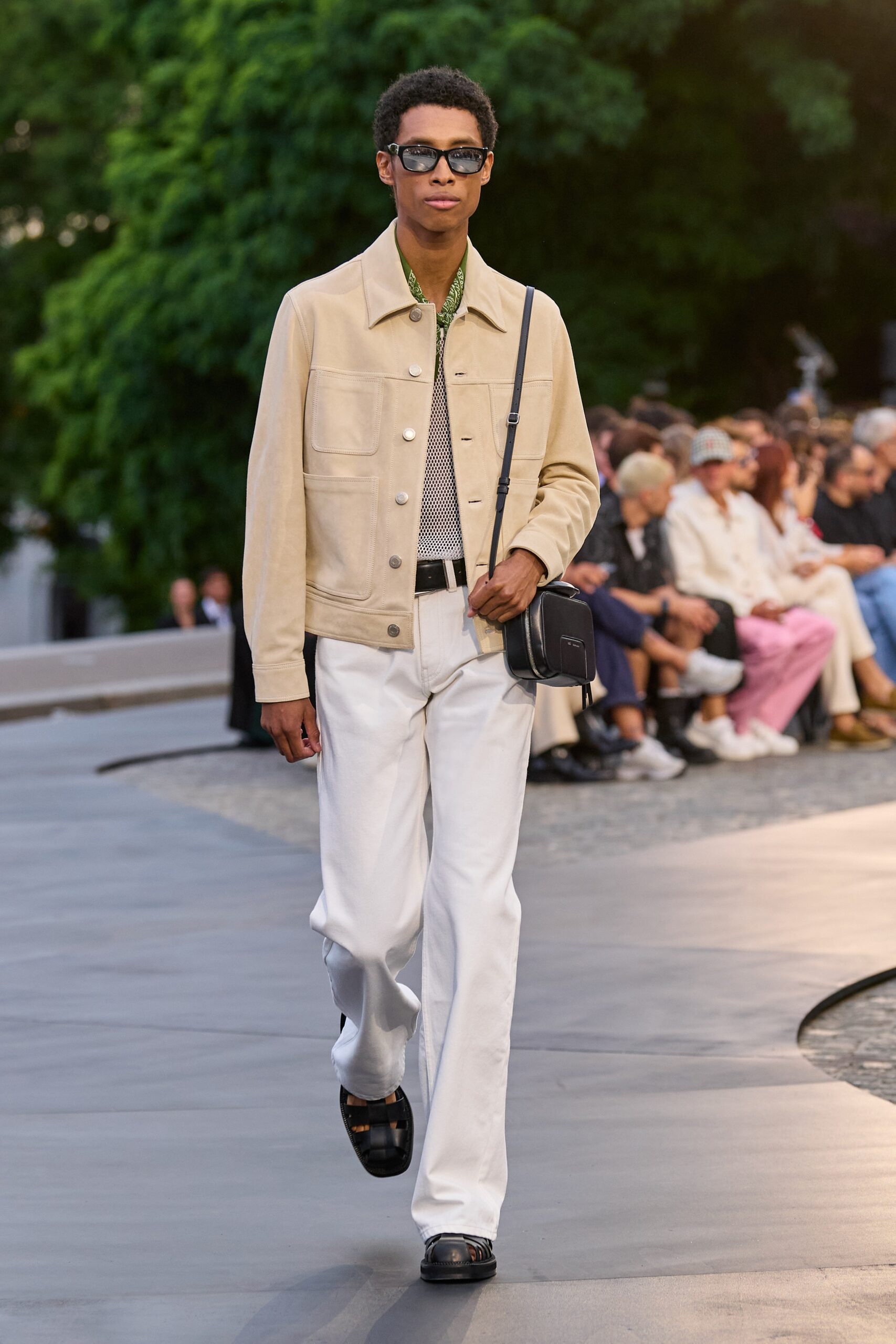 beige jacket with white pants