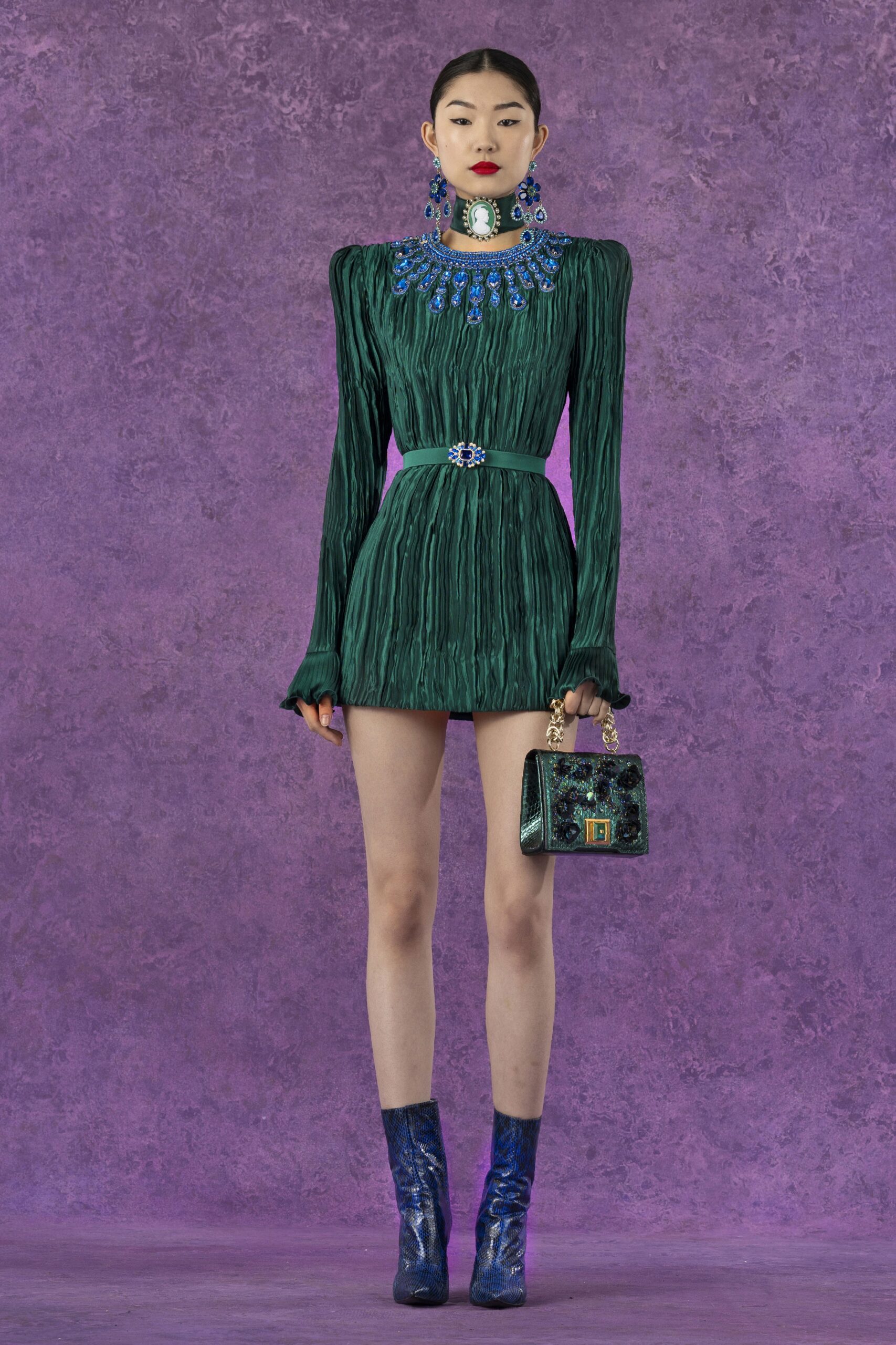 green silk long-sleeve high-neck fitted pleated mini dress