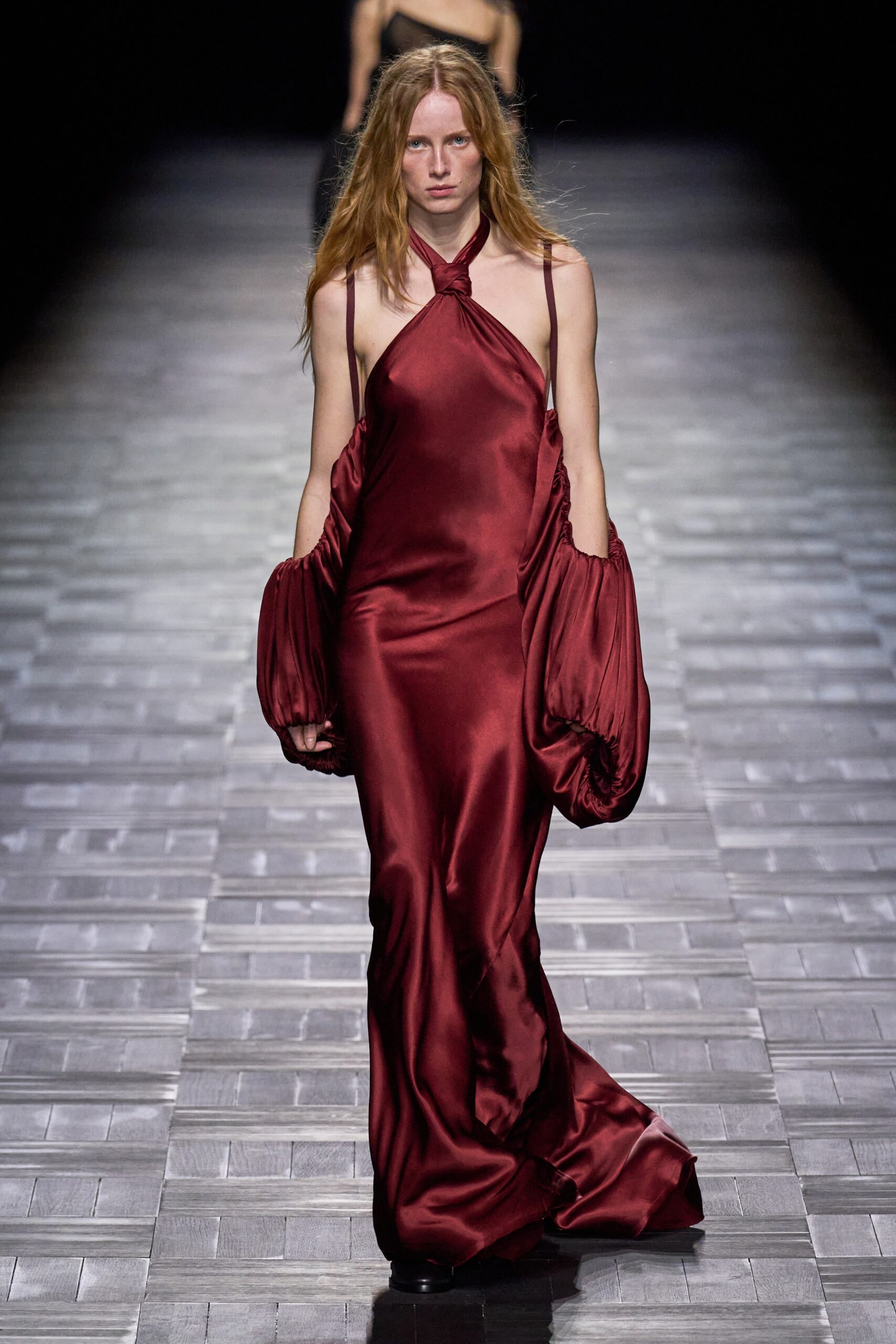 red silk fitted gown