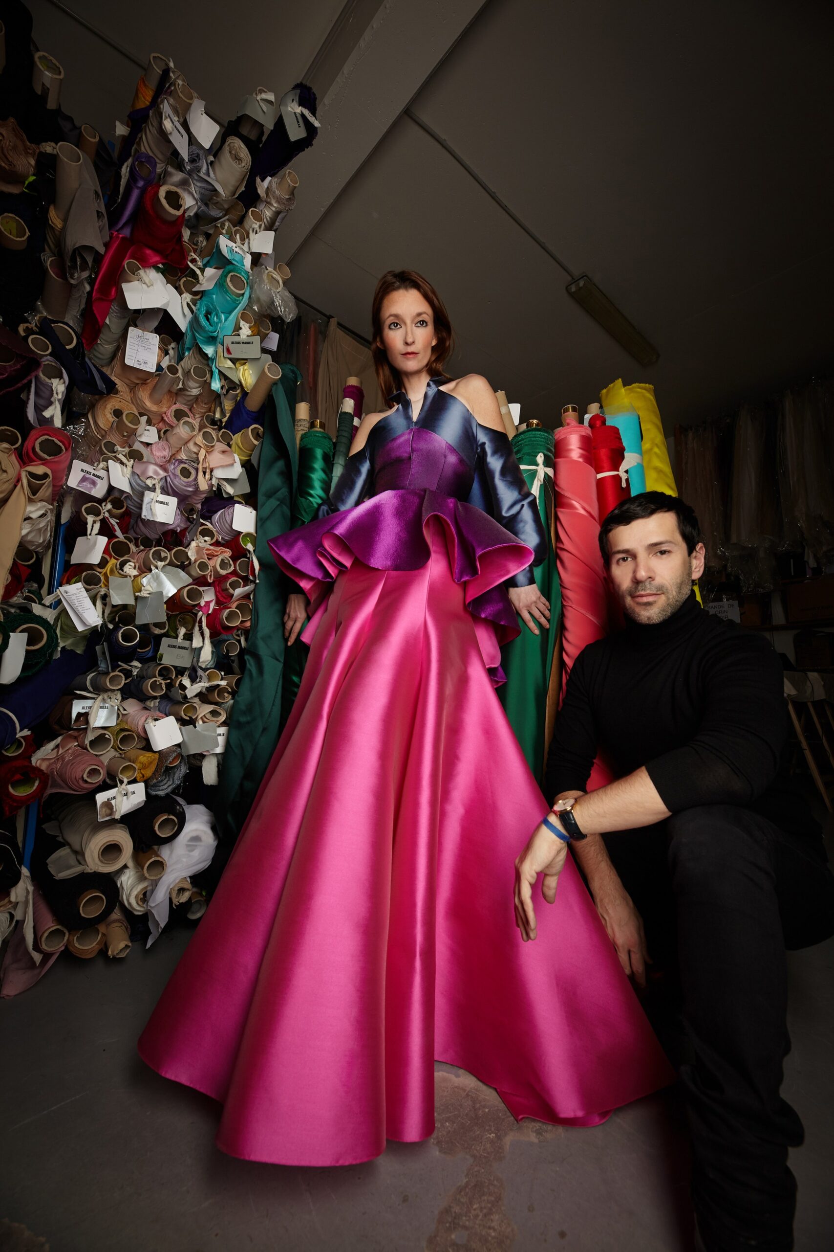 pink silk off-shoulder gown