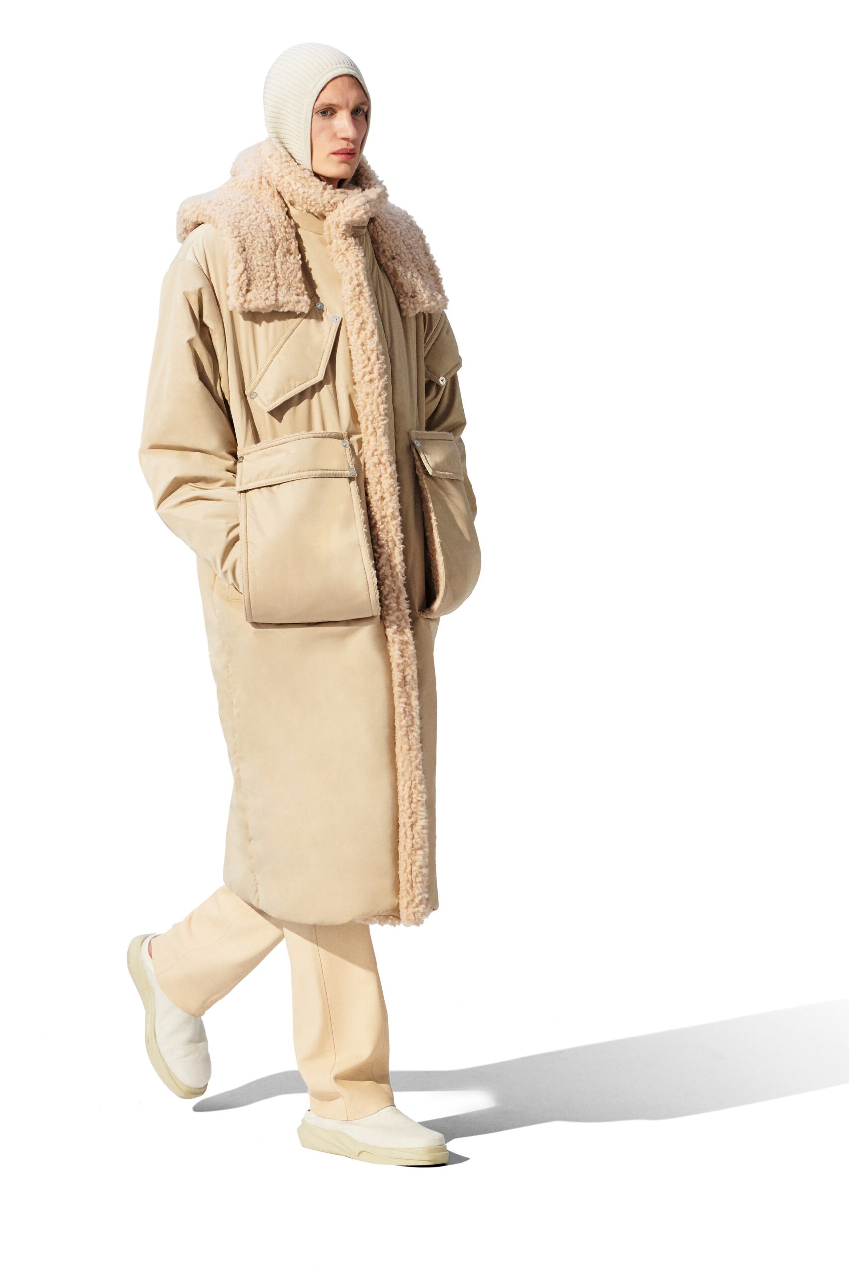 beige faux-fur long-sleeve collared relaxed pockets maxi coat