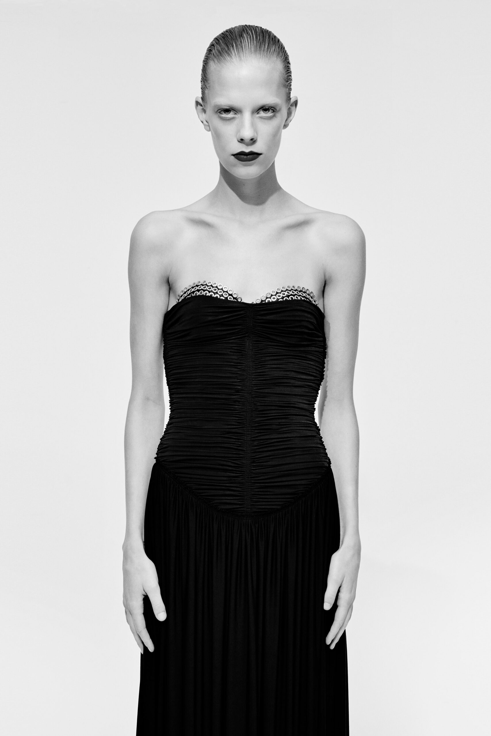 black silk strapless gown