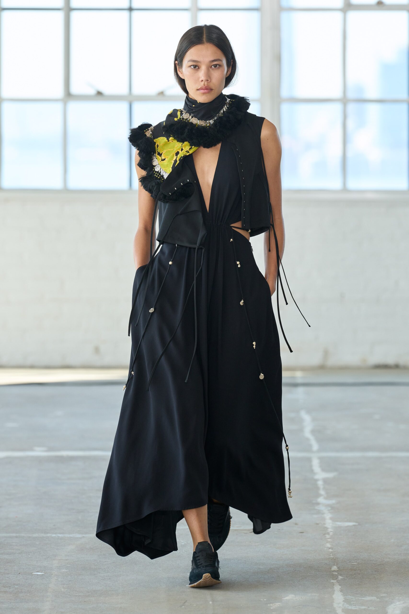 black faux-fur collared relaxed layered cape