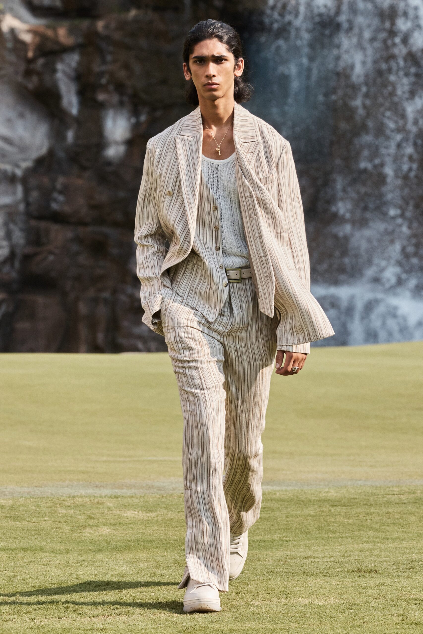 beige striped tailored suit