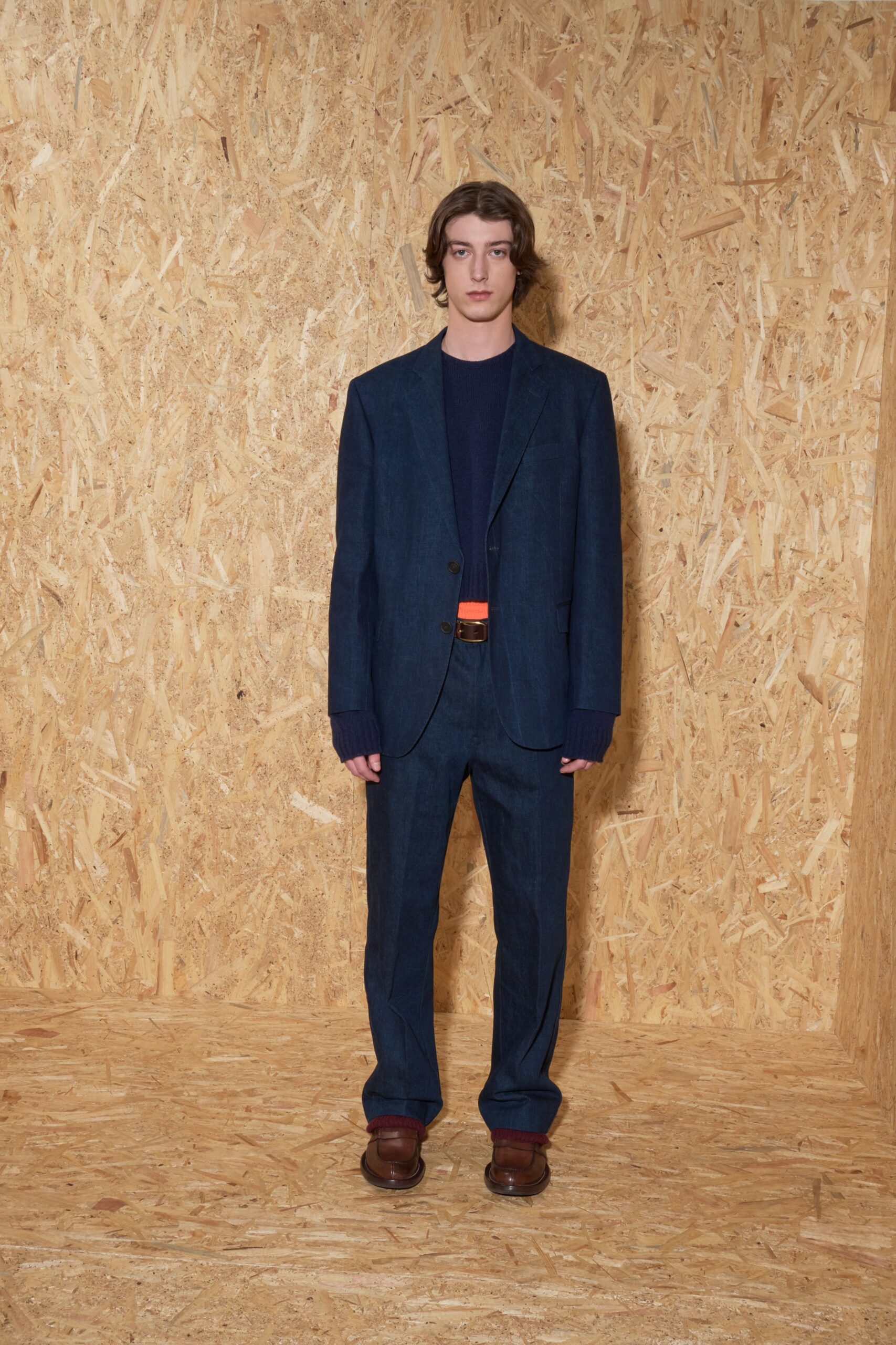 blue denim long-sleeve collared tailored buttoned straight-leg suit