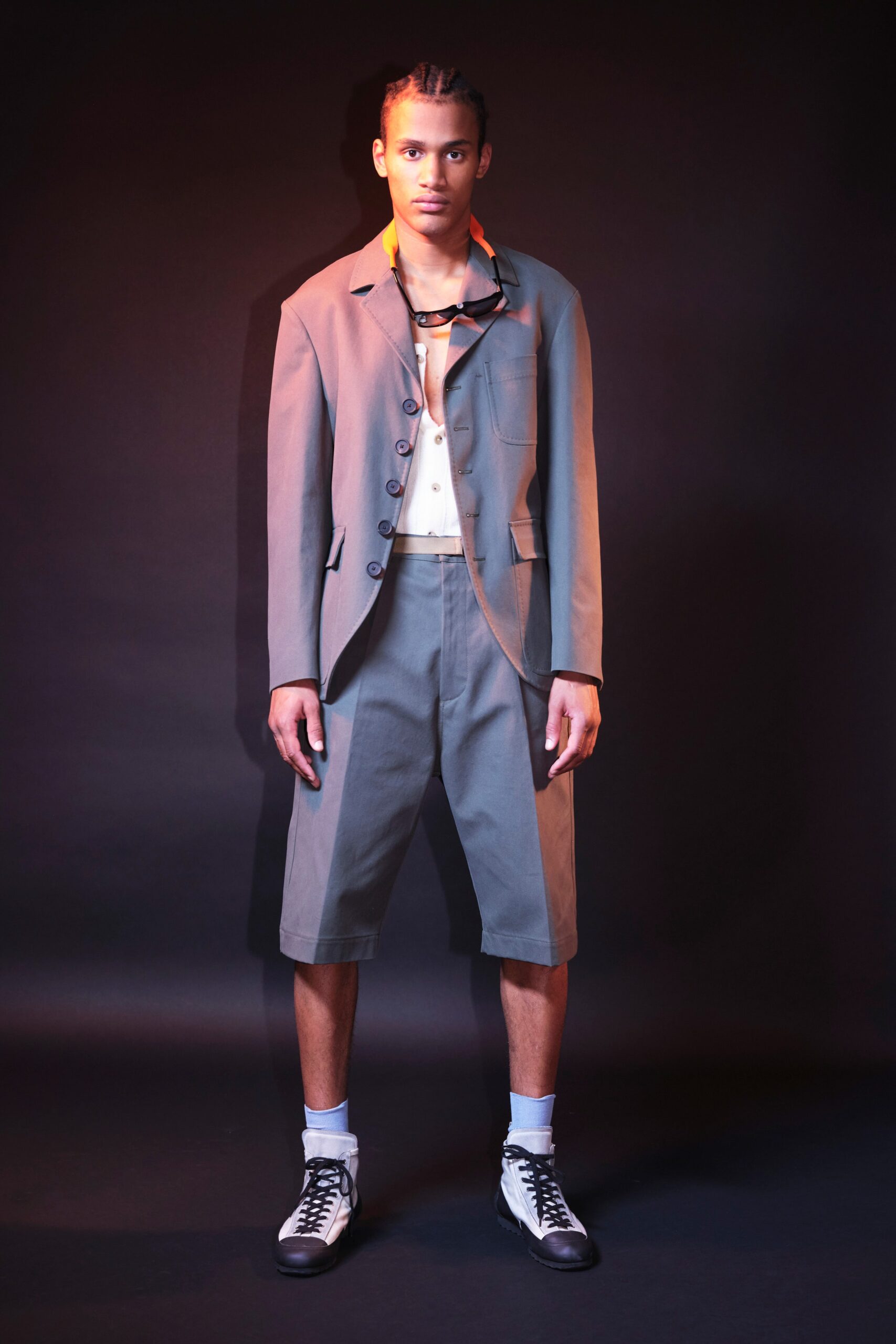 gray tailored suit with shorts