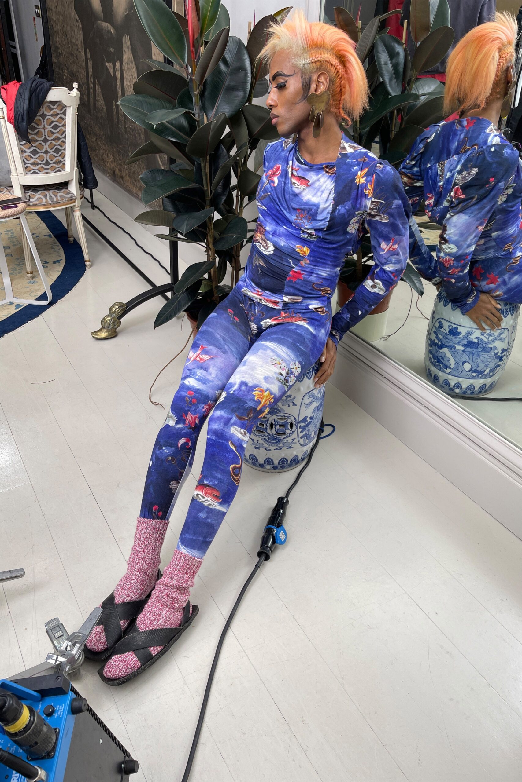 blue printed fitted catsuit