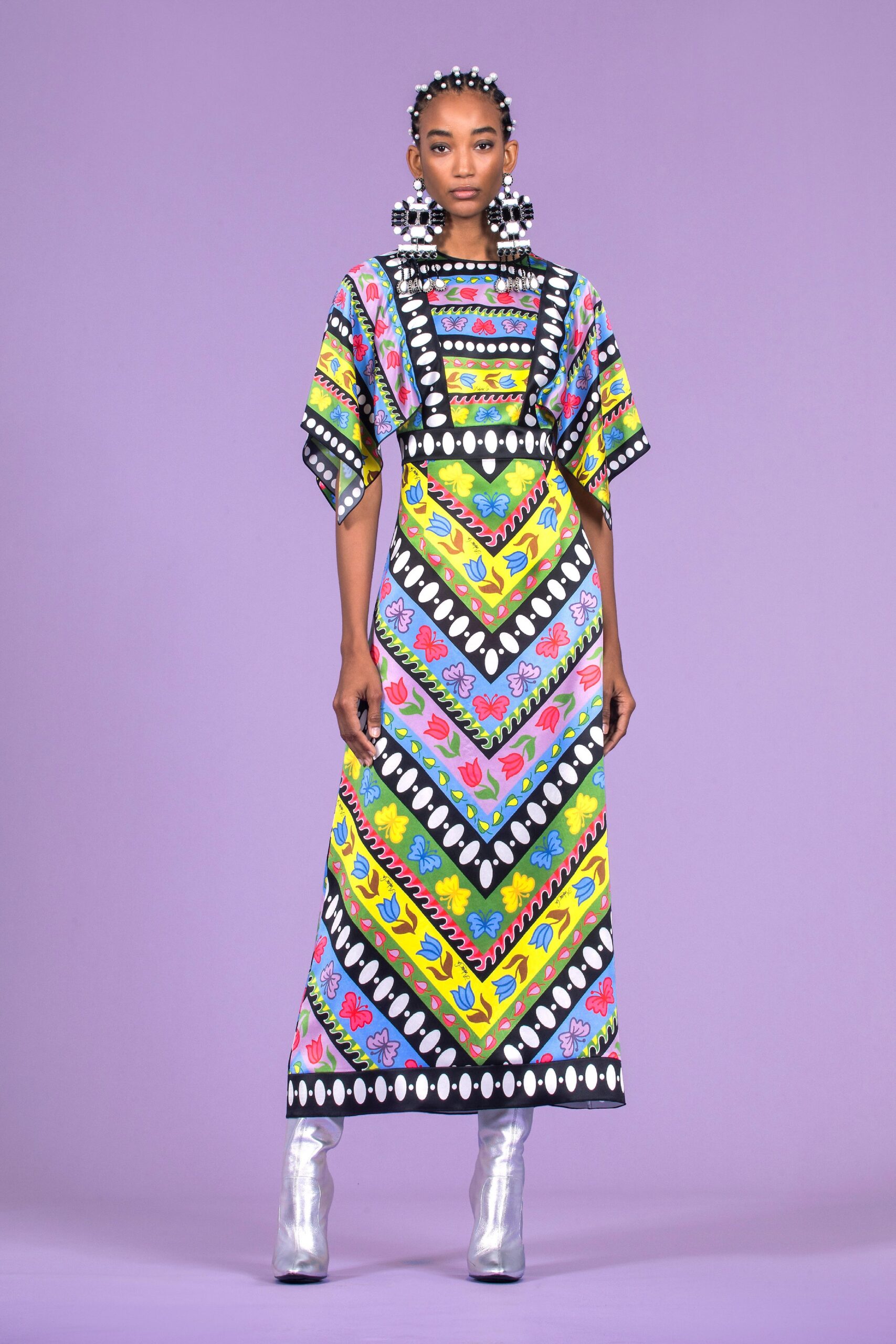 multi short-sleeve high-neck fitted printed maxi dress