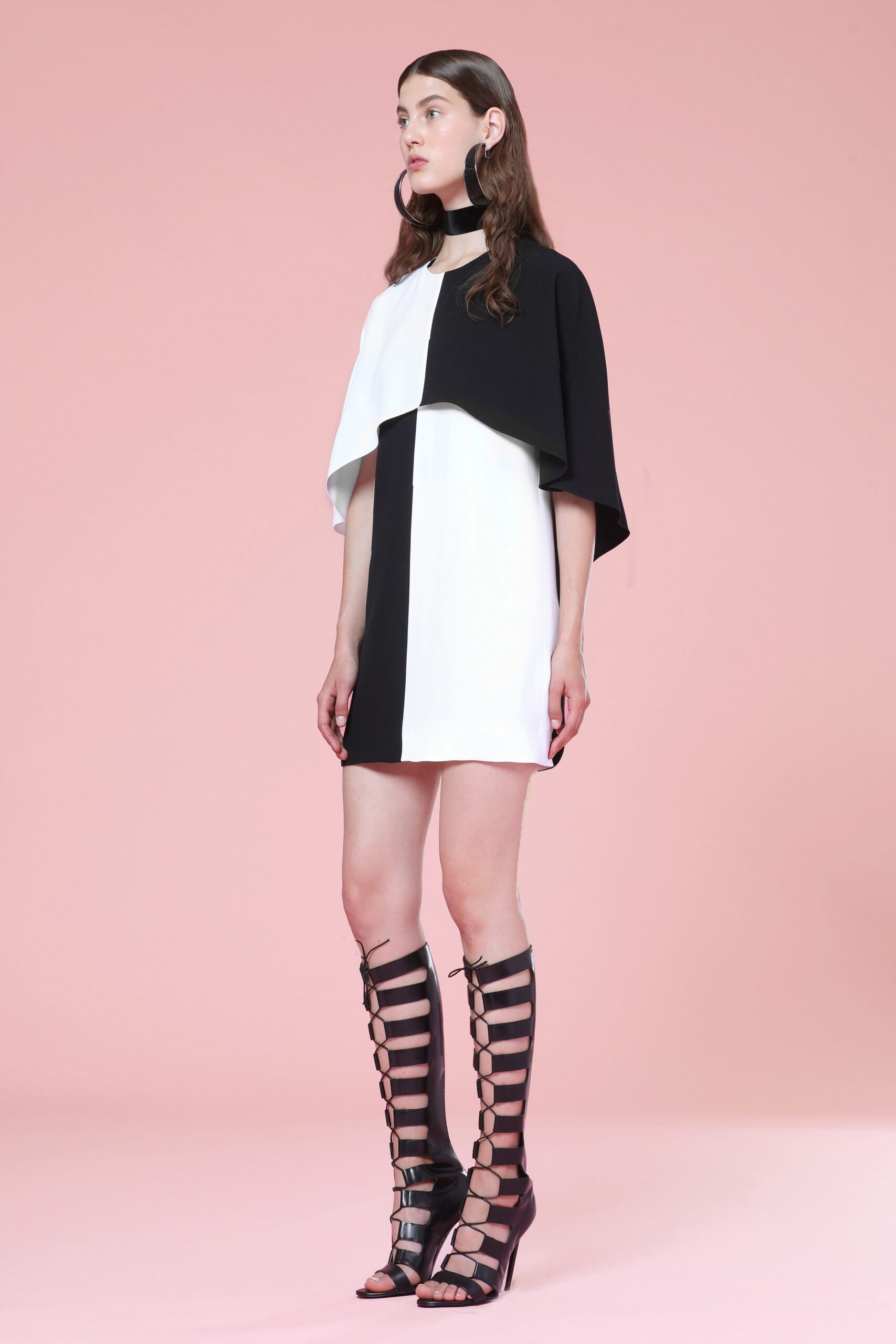 black cotton sleeveless high-neck fitted color-blocked mini dress