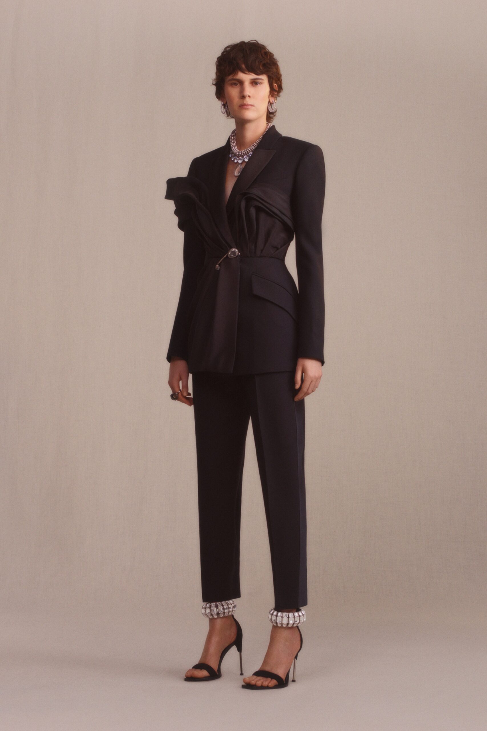 black silk long-sleeve v-neck structured ruffled buttoned blazer