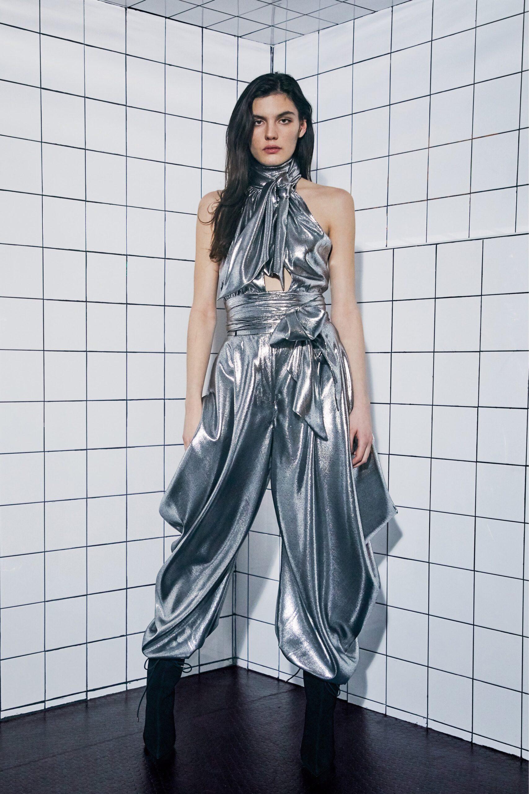 silver metallic halter jumpsuit