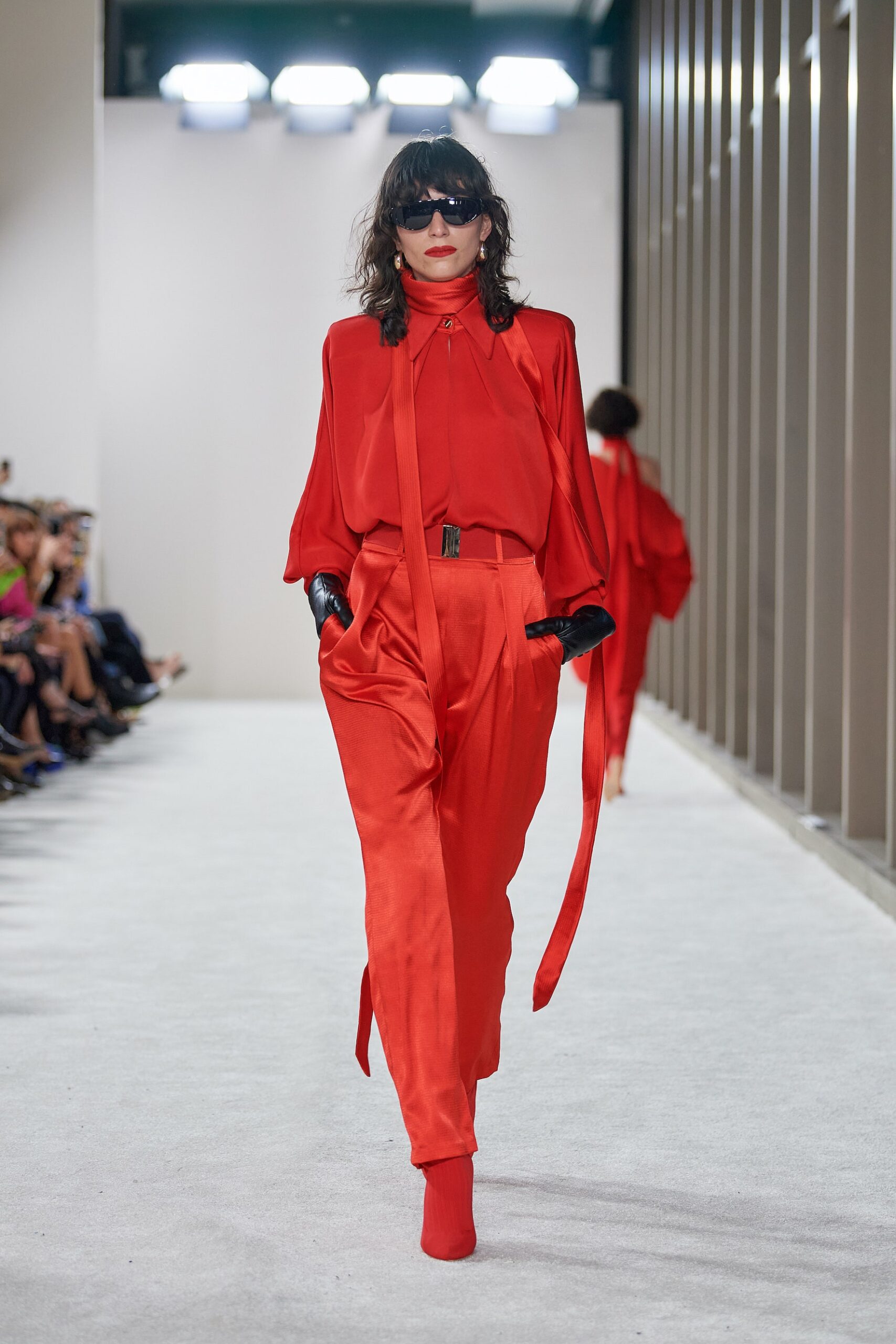 red silk long-sleeve collared relaxed draped shiny blouse