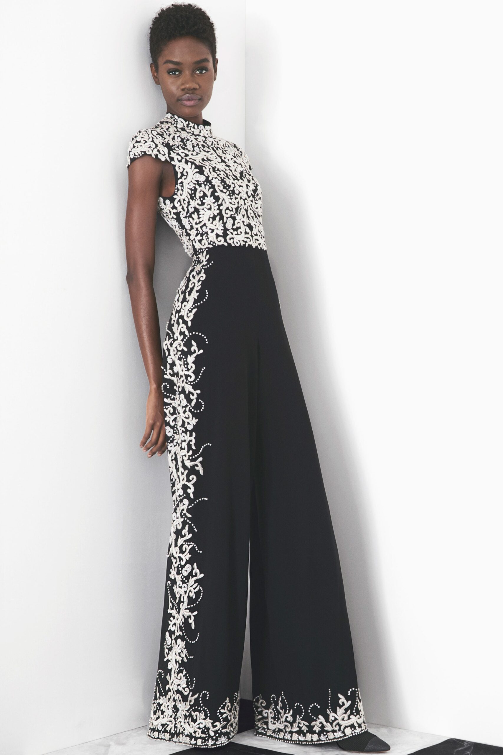 black and white embroidered jumpsuit