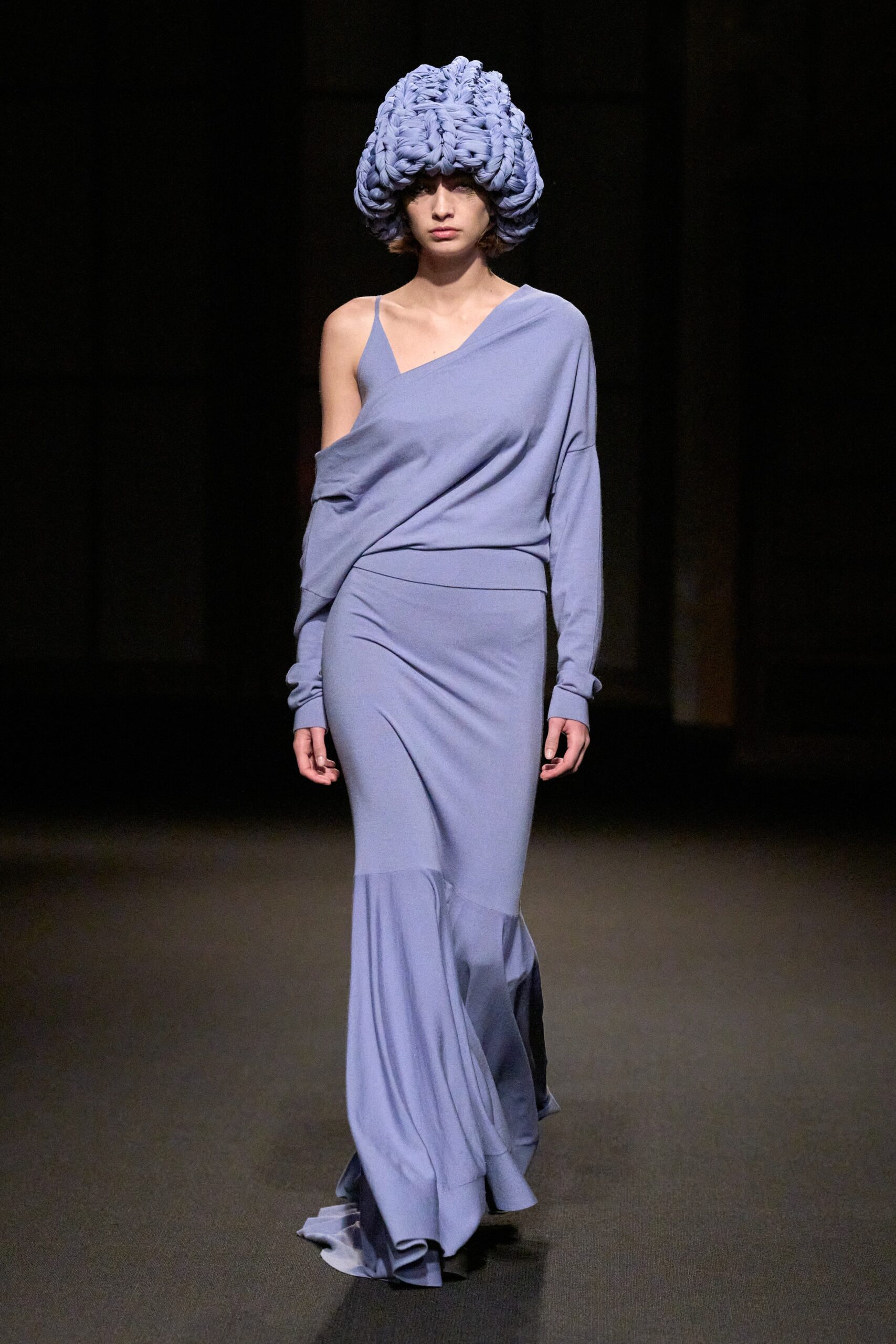 blue fitted long-sleeve dress