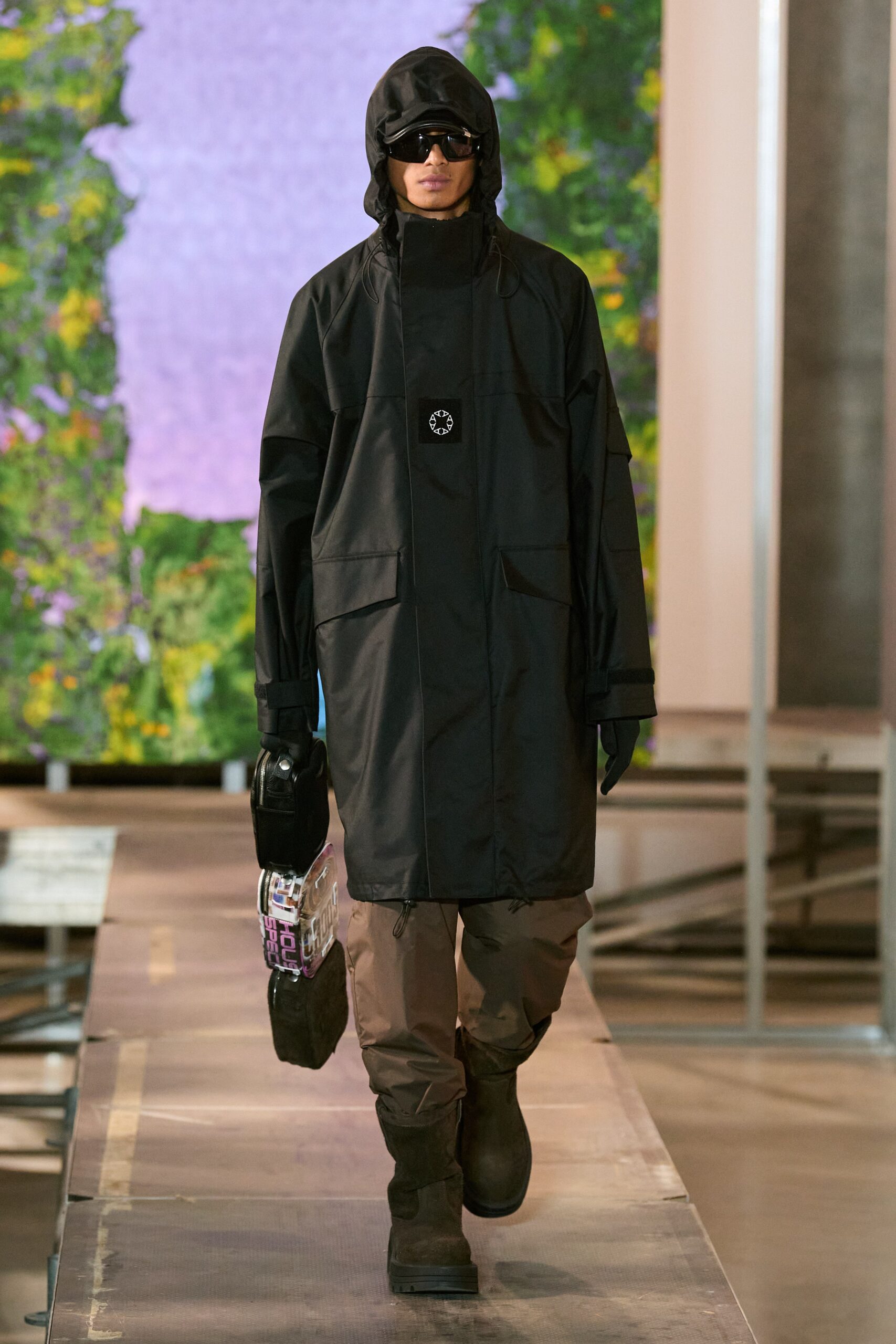 black vinyl hooded coat