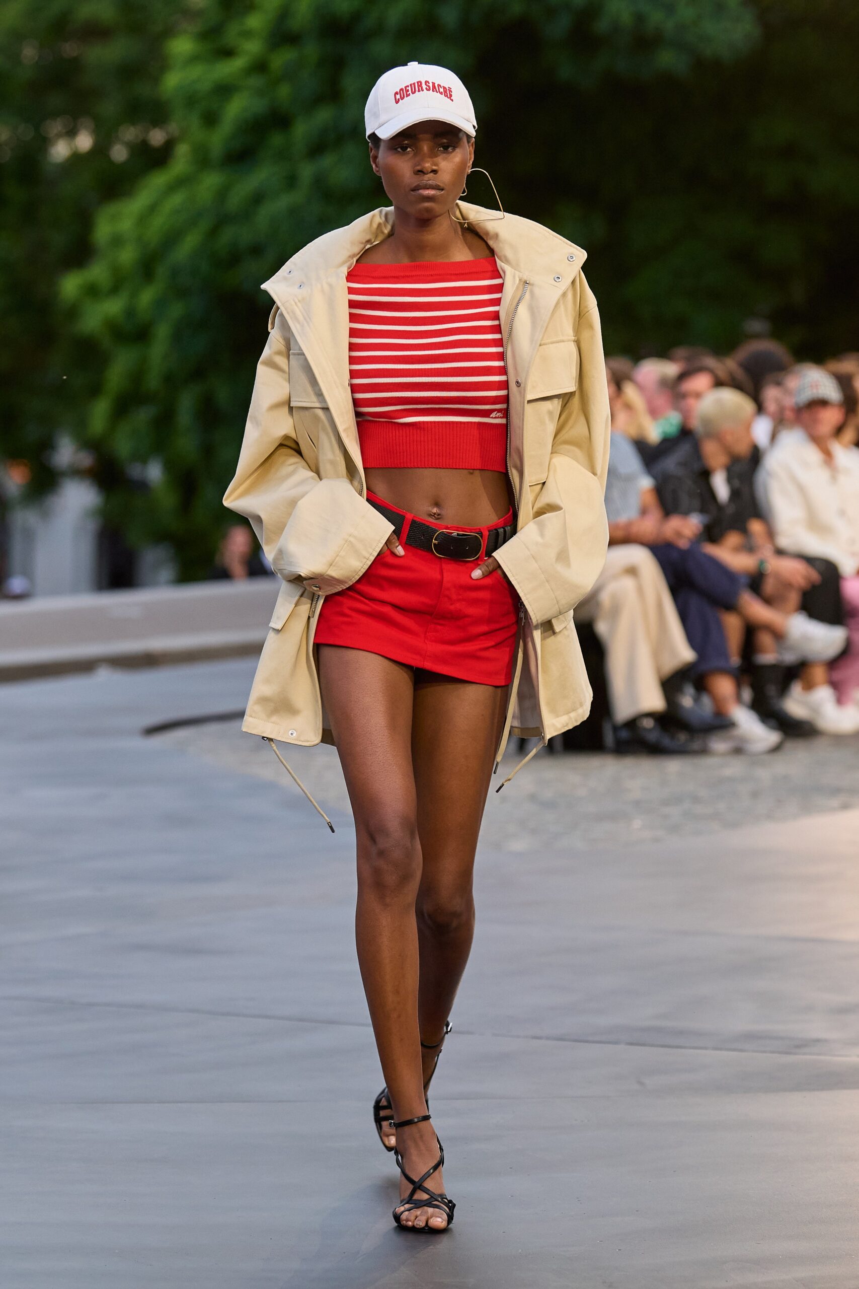 beige oversized jacket with red crop-top
