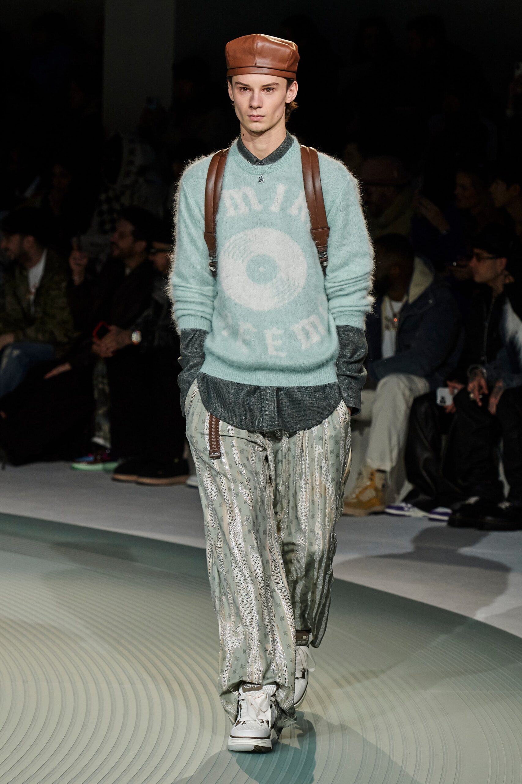 mint relaxed sweater with gray pants