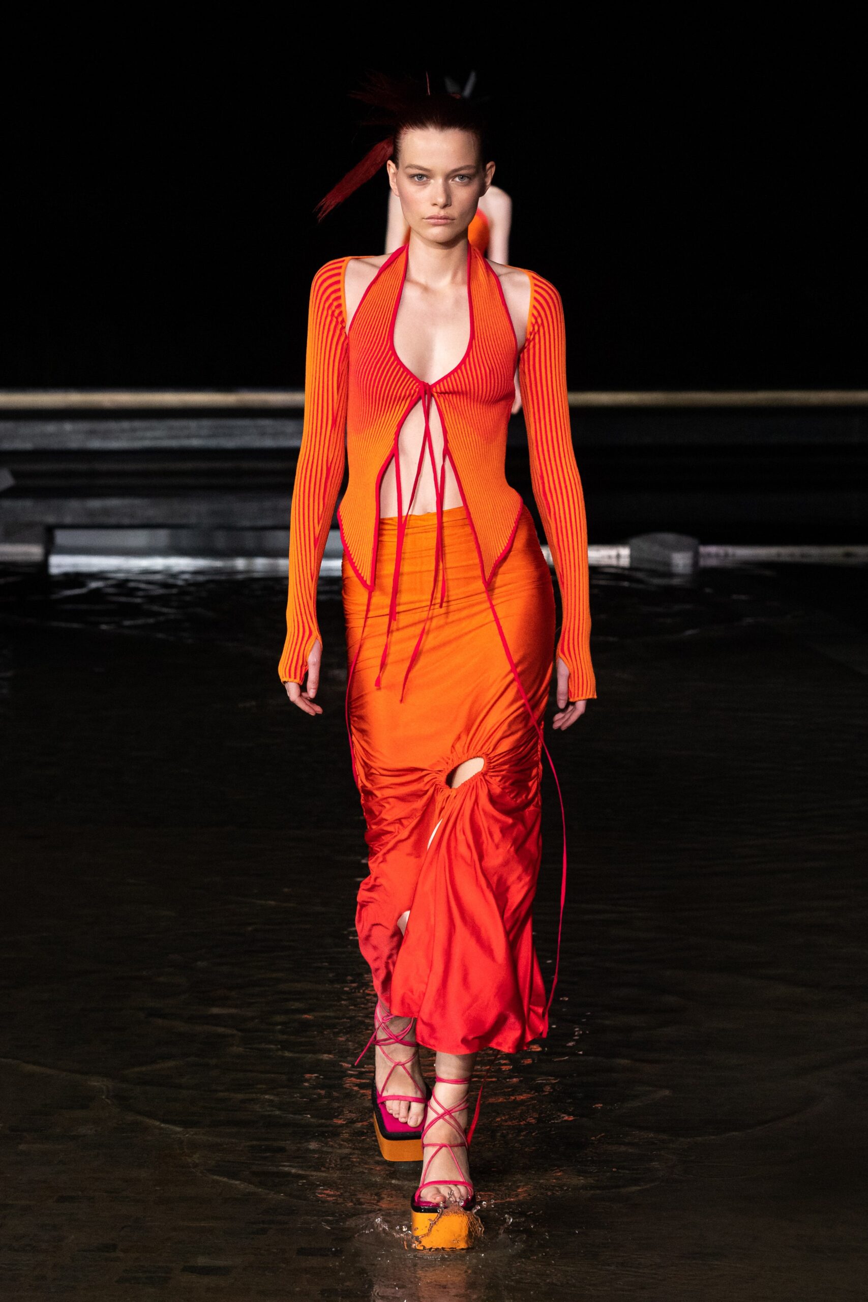 red and orange fitted dress