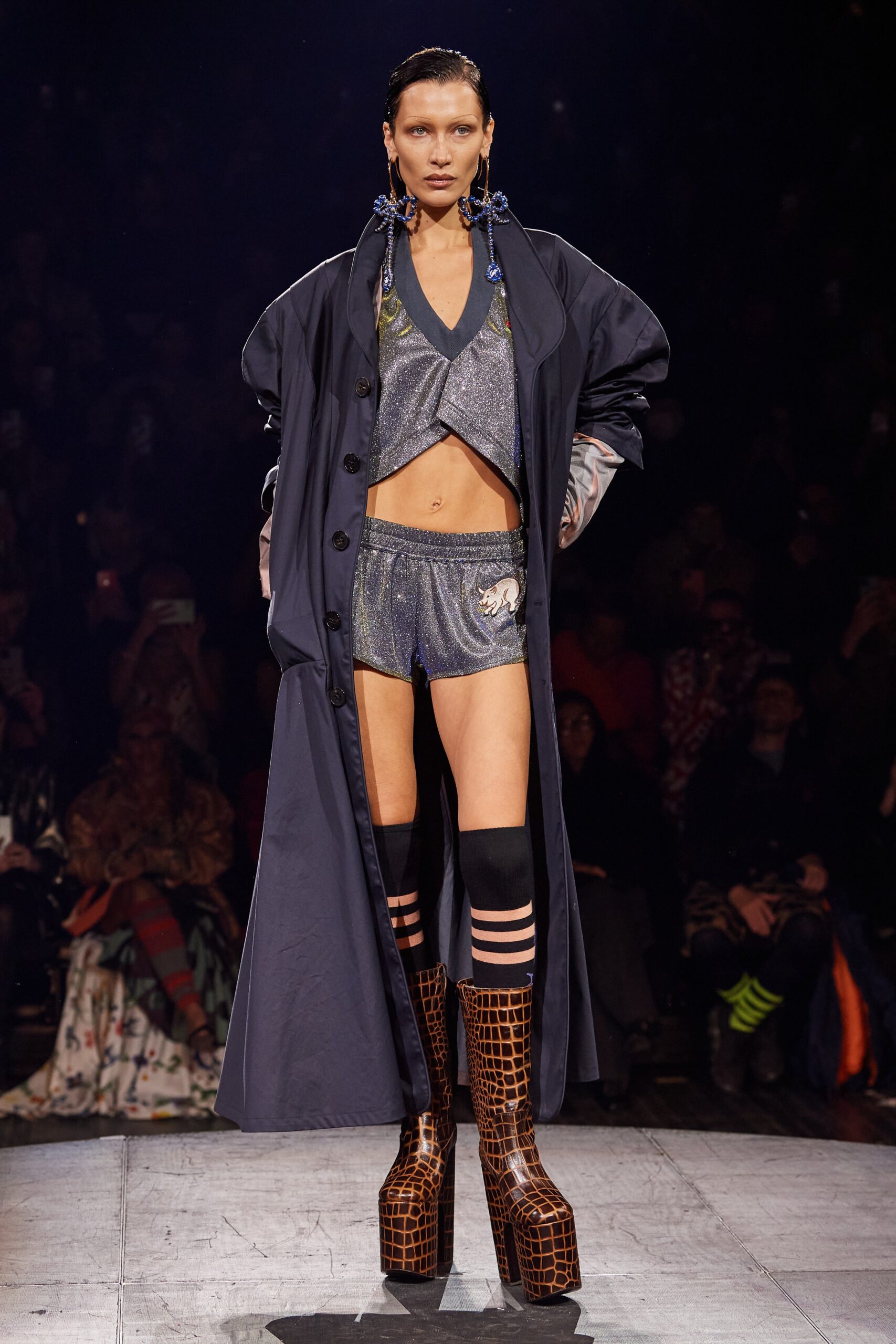 navy coat gray sequined top