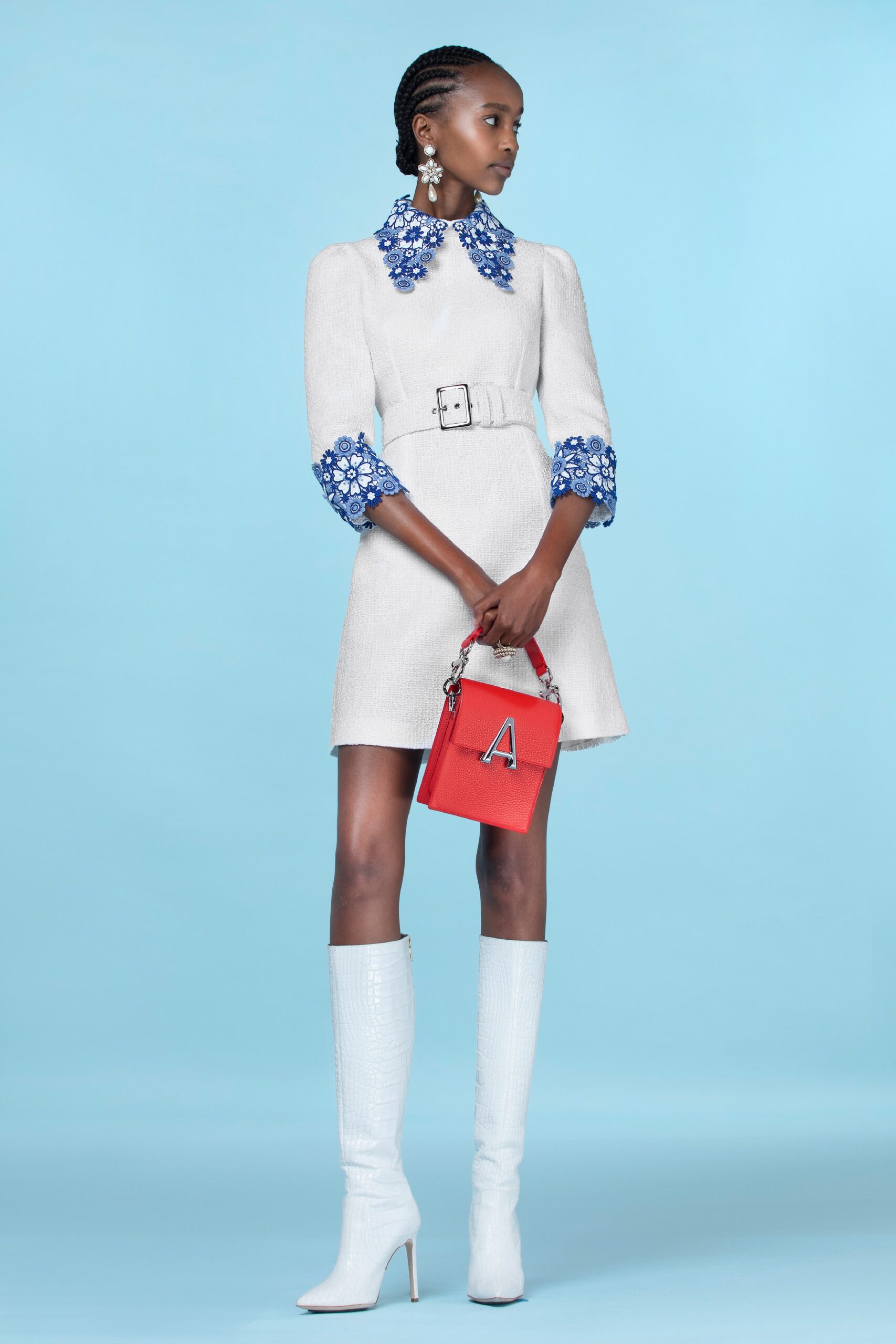 white mini dress with blue collar