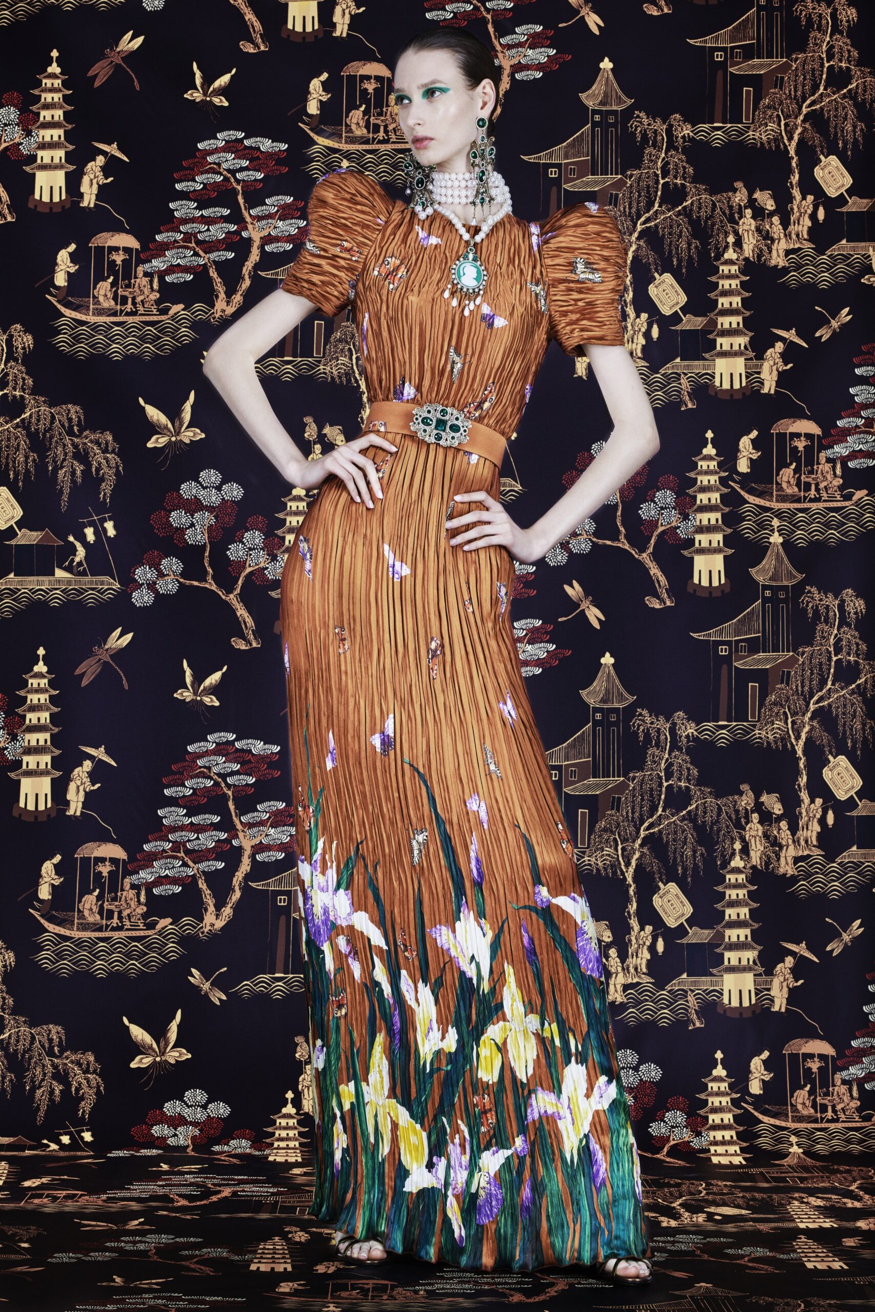 orange pleated silk gown