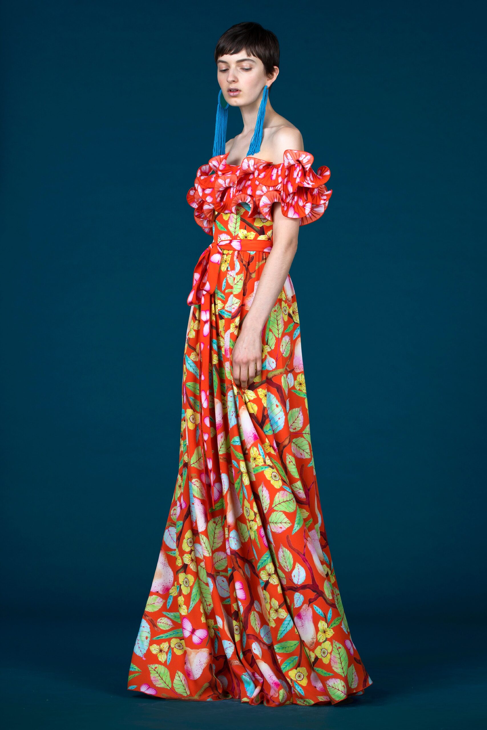 red floral off-shoulder gown