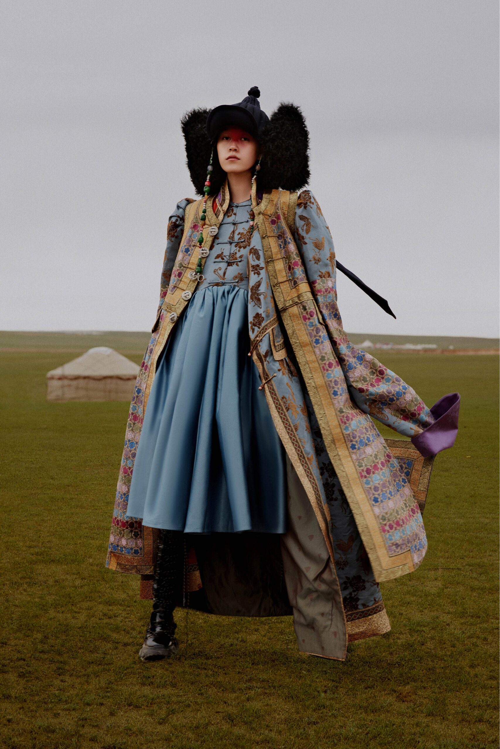 multi silk long-sleeve relaxed embroidered layered coat