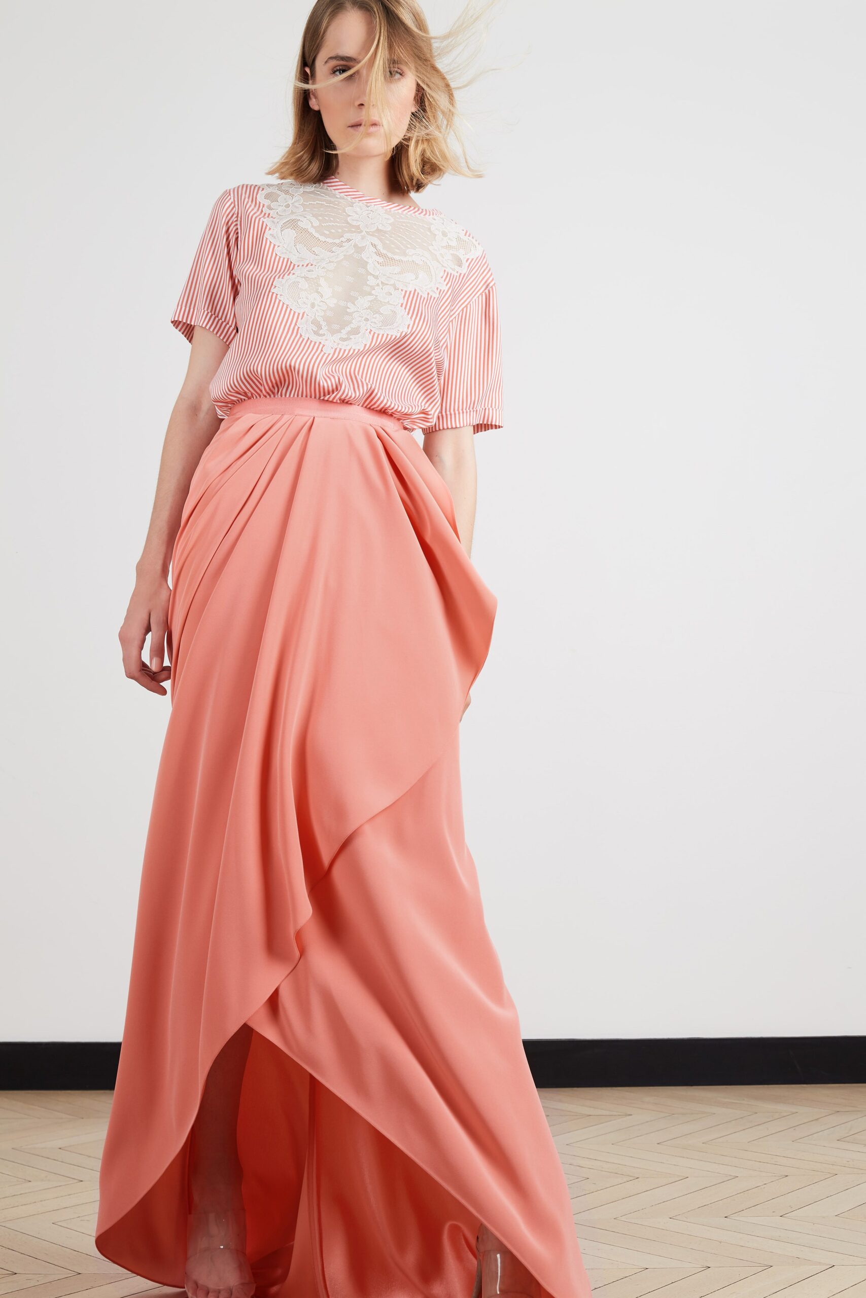 coral chiffon asymmetric fitted high-waisted draped flowing skirt