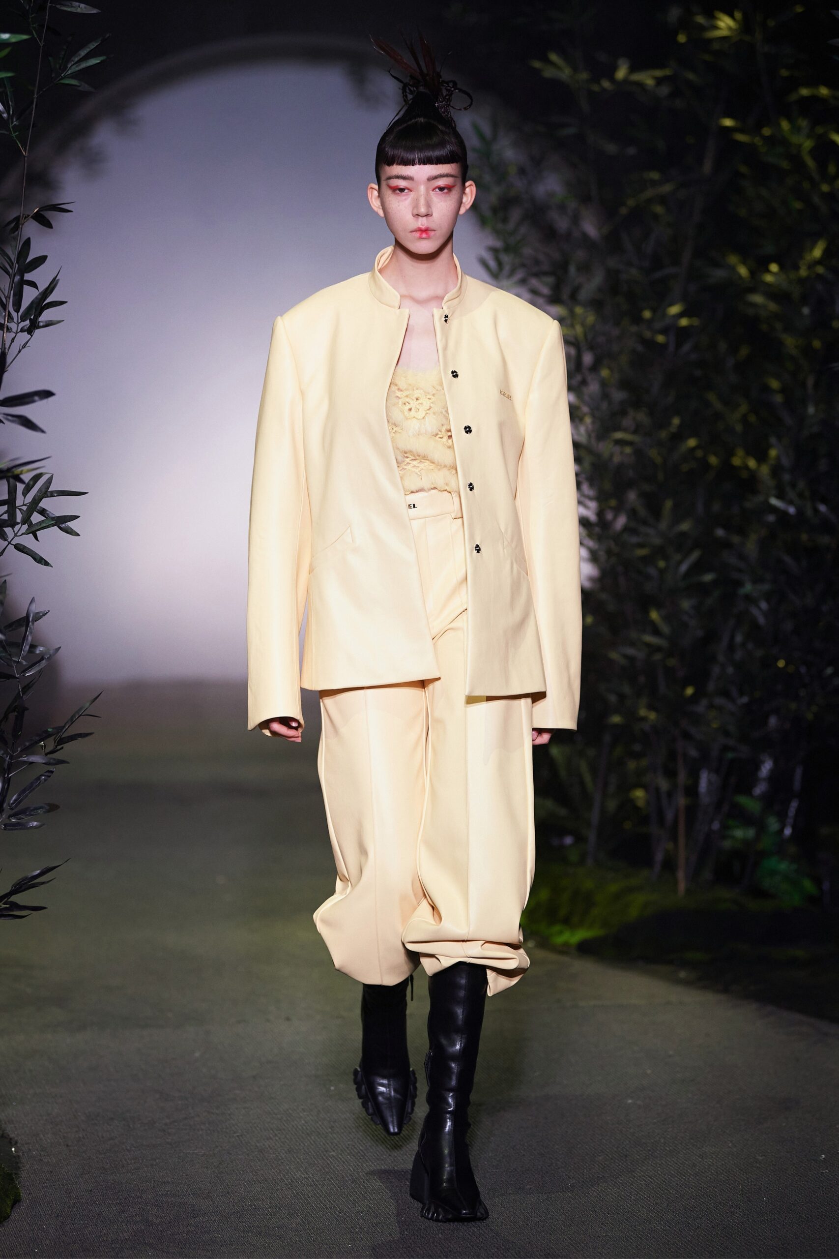 yellow oversized jacket with relaxed pants