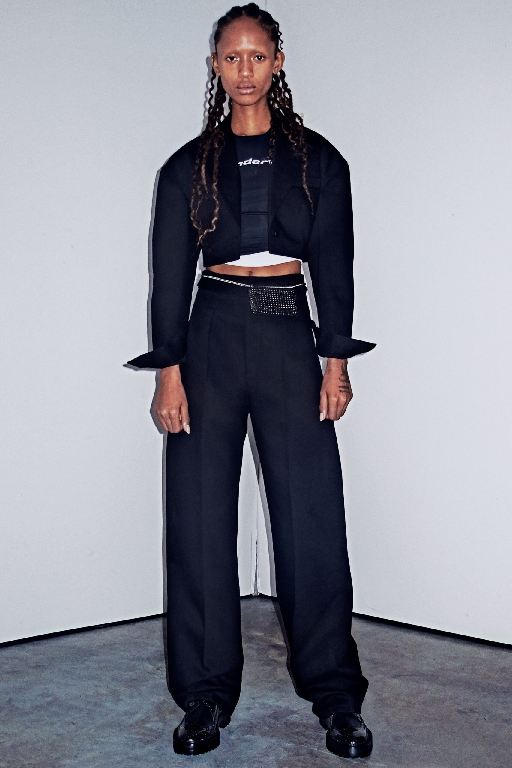 black structured jacket and fitted top