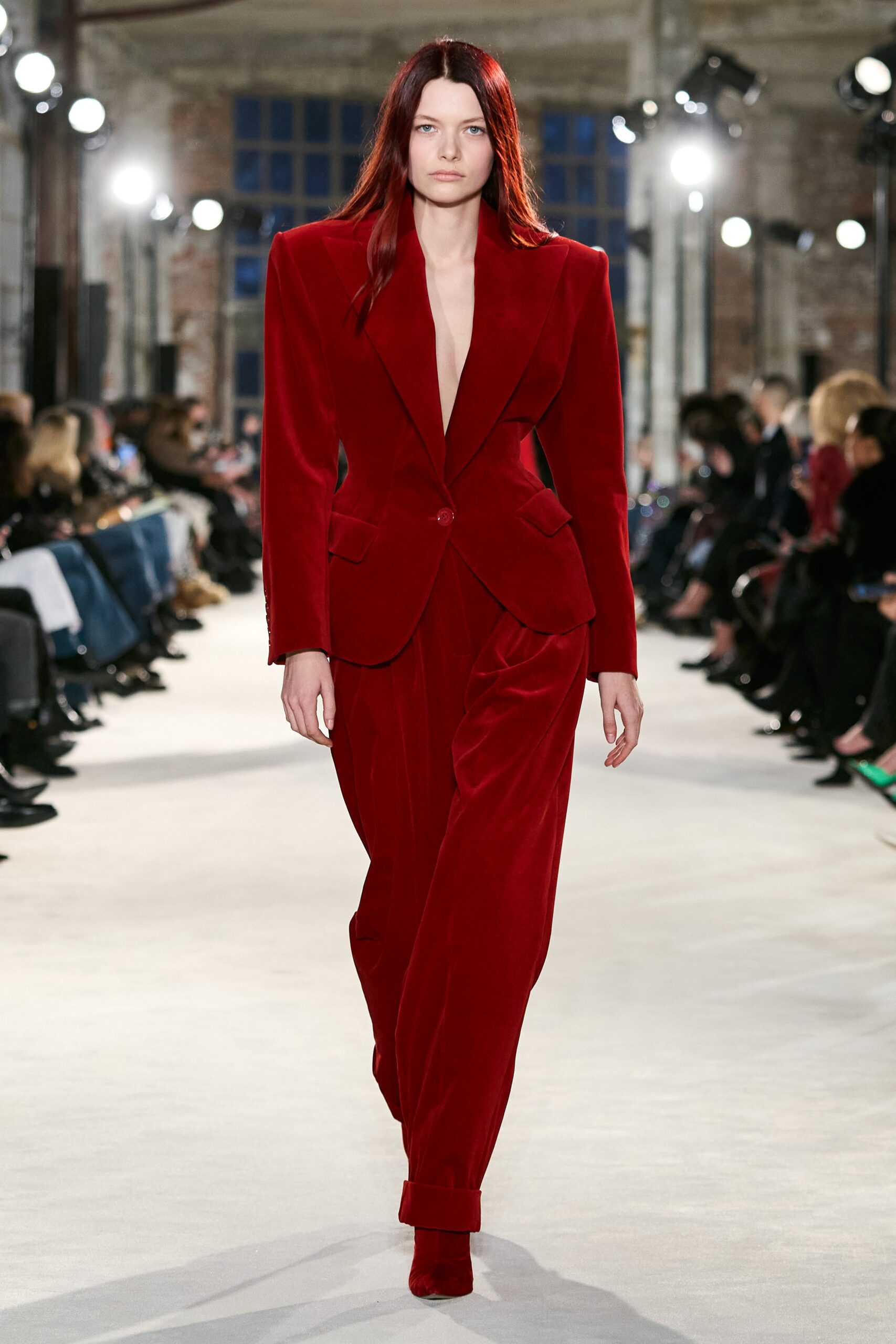 fitted red velvet suit