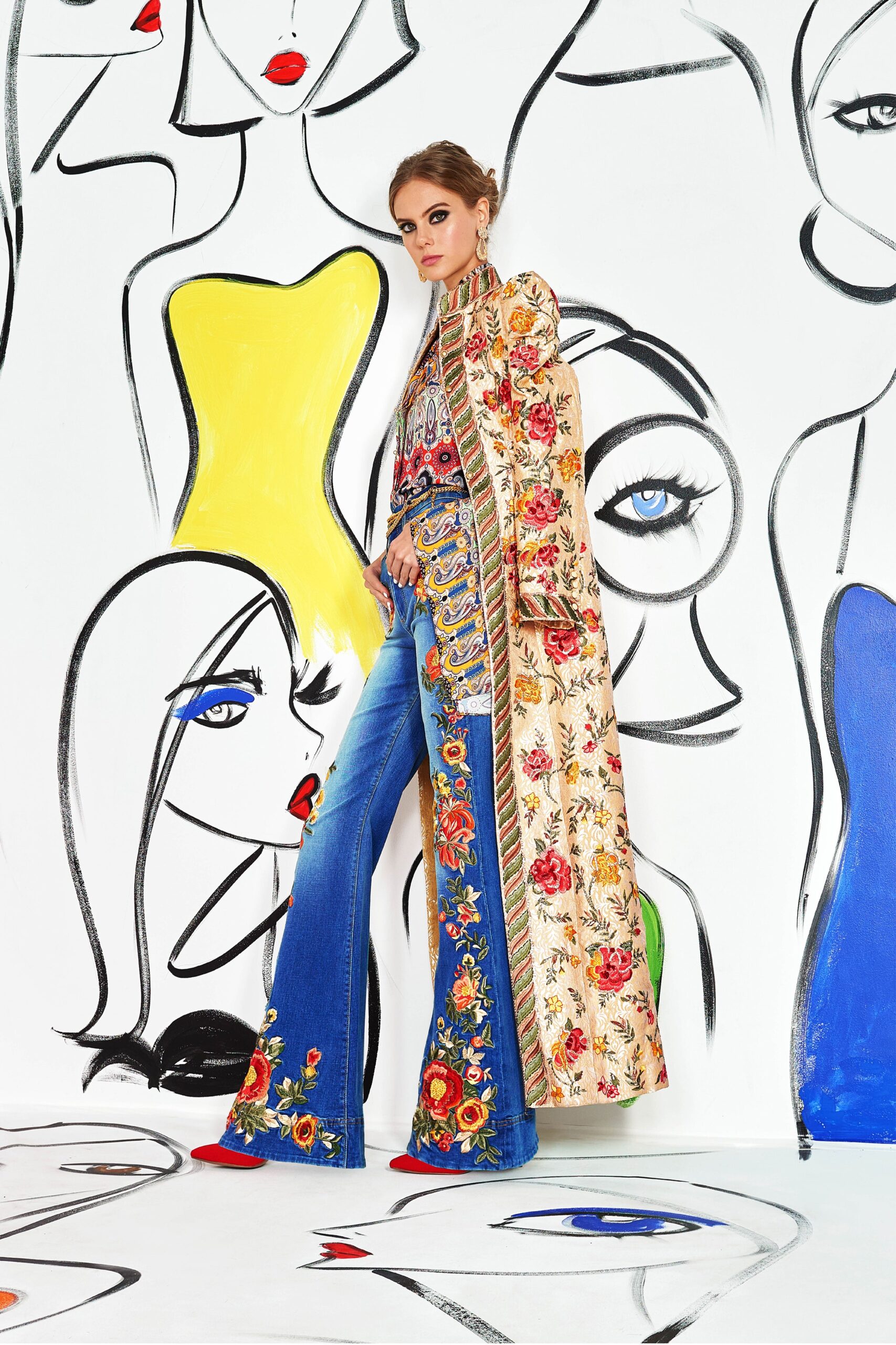 gold silk long-sleeve collared fitted embroidered layered coat