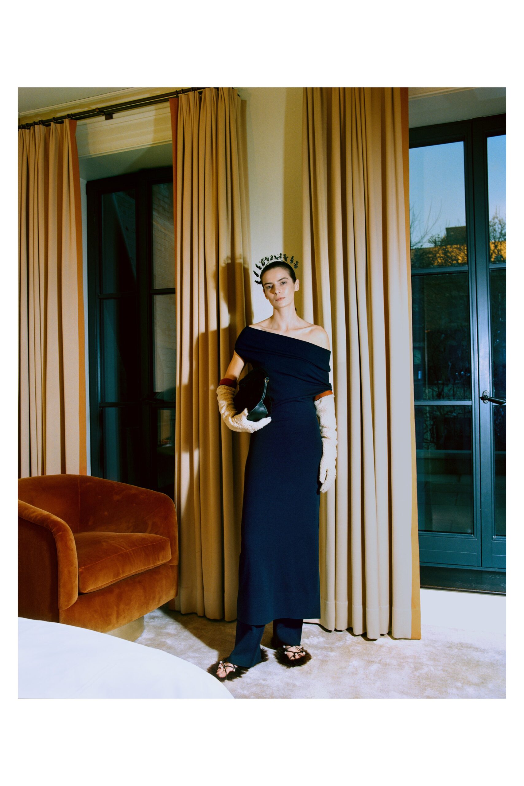 black silk off-shoulder maxi dress