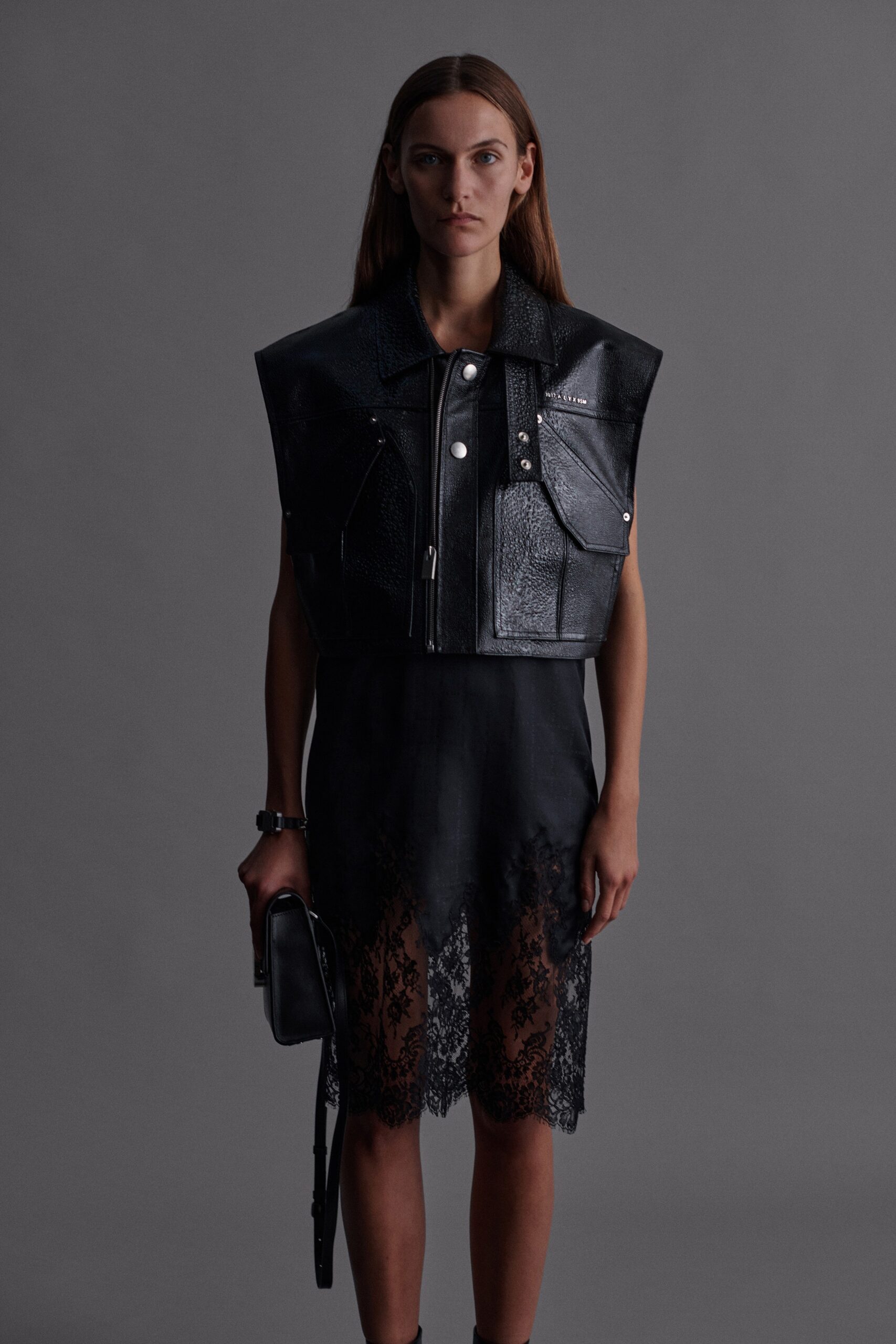 black leather top and midi dress