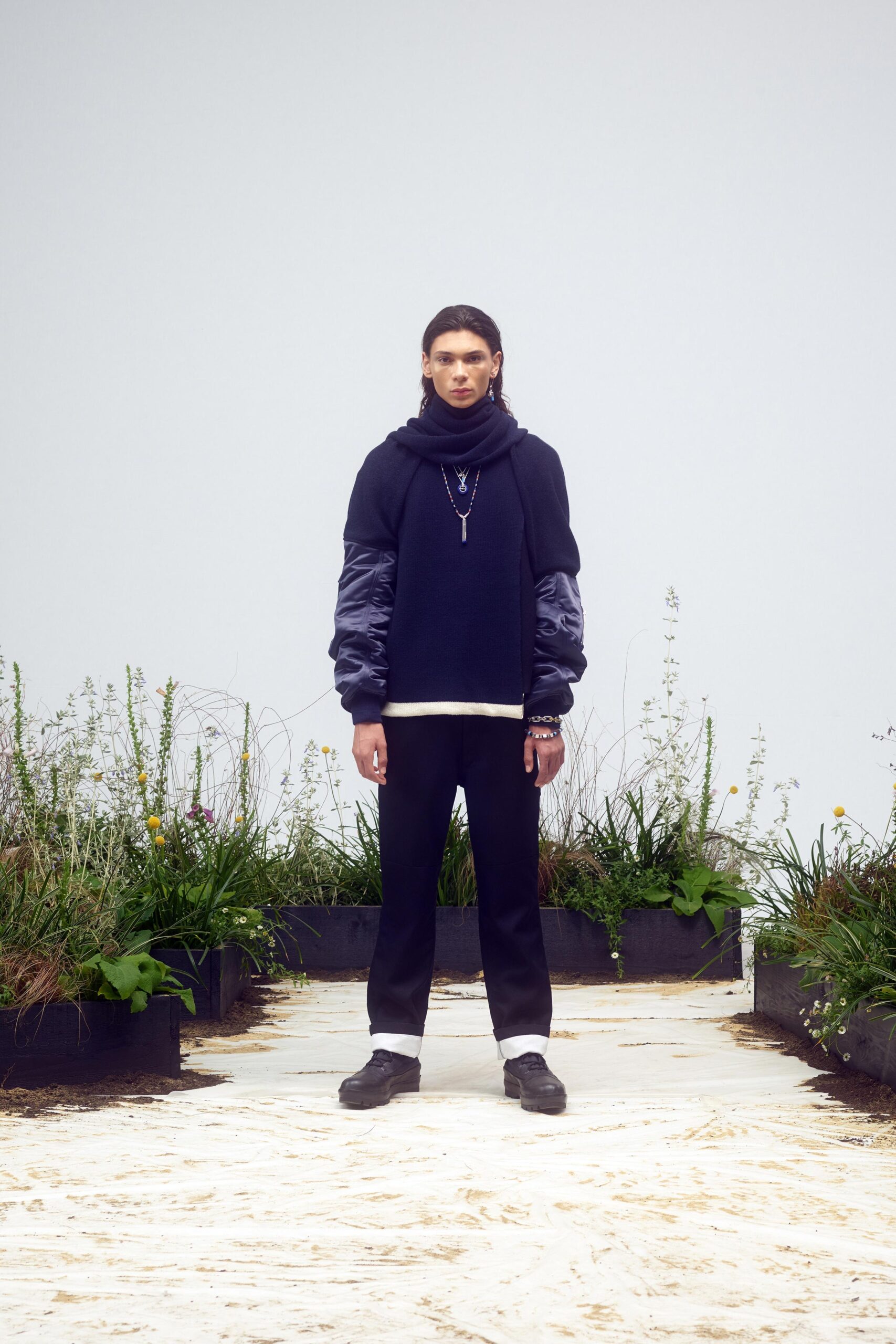 black cotton long-sleeve hooded relaxed layered hoodie