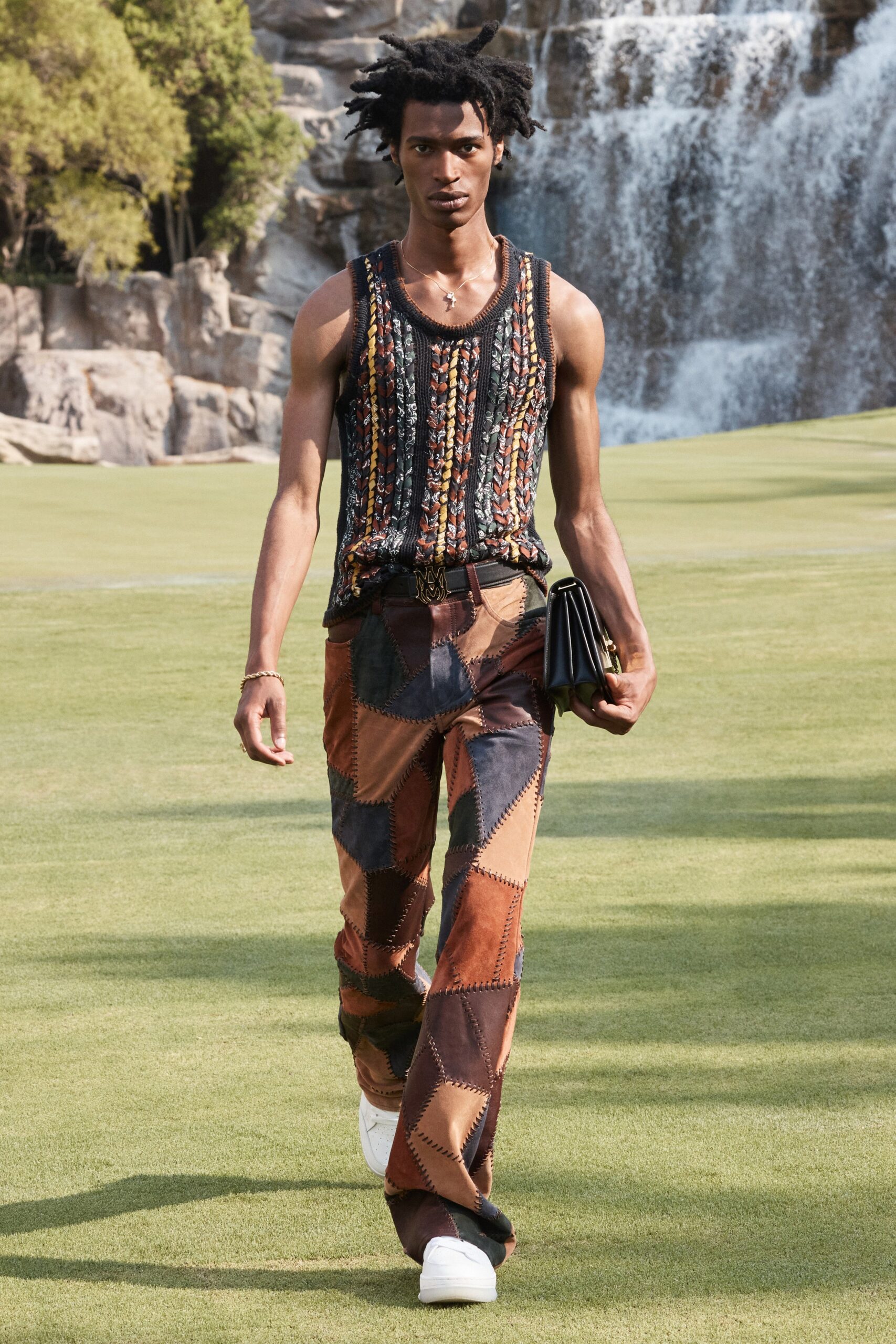 multi-colored embroidered tank-top and brown patchwork pants