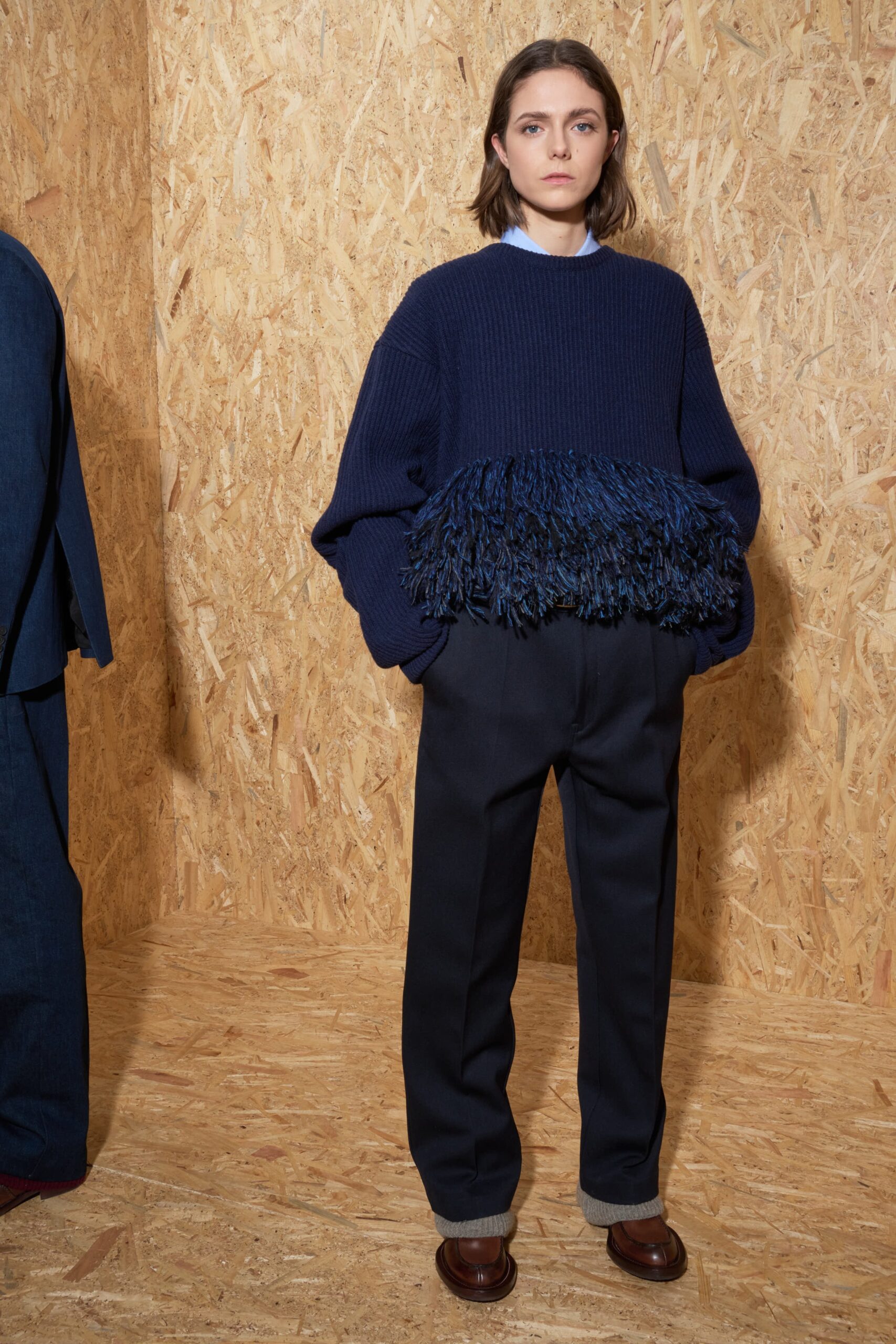 blue wool long-sleeve collared oversized fringed sweater