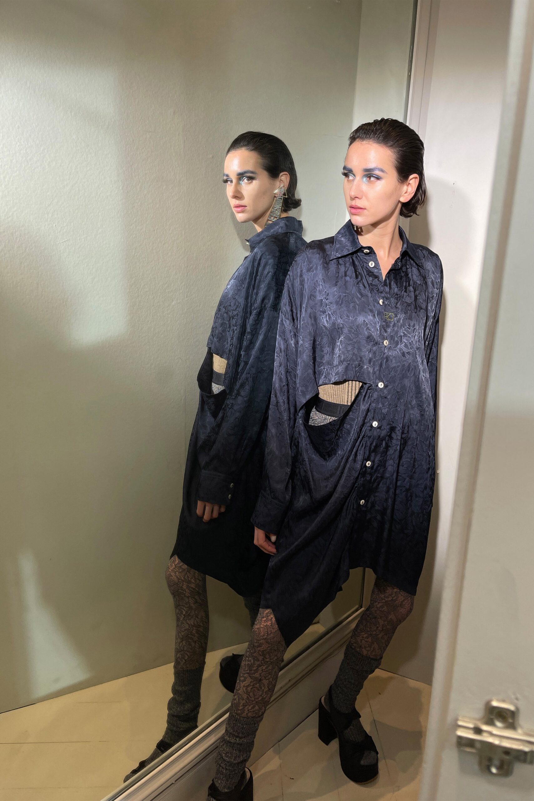 black gray silk shirt-dress