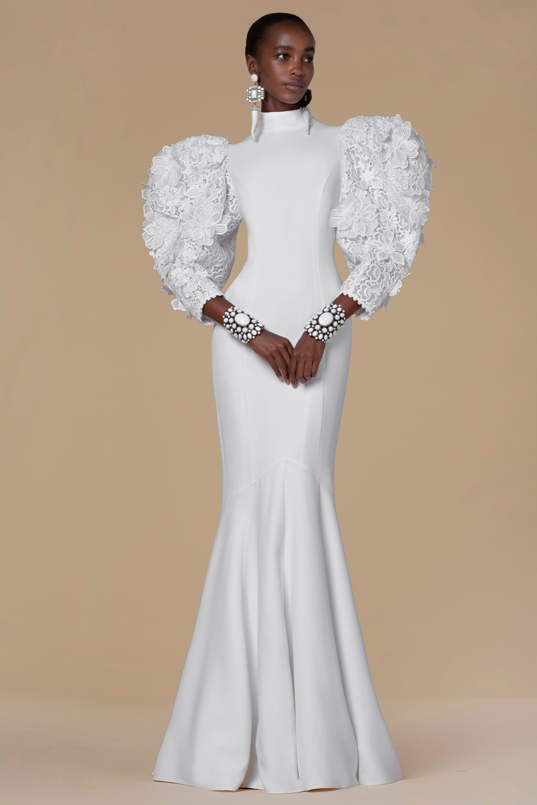 white silk fitted gown