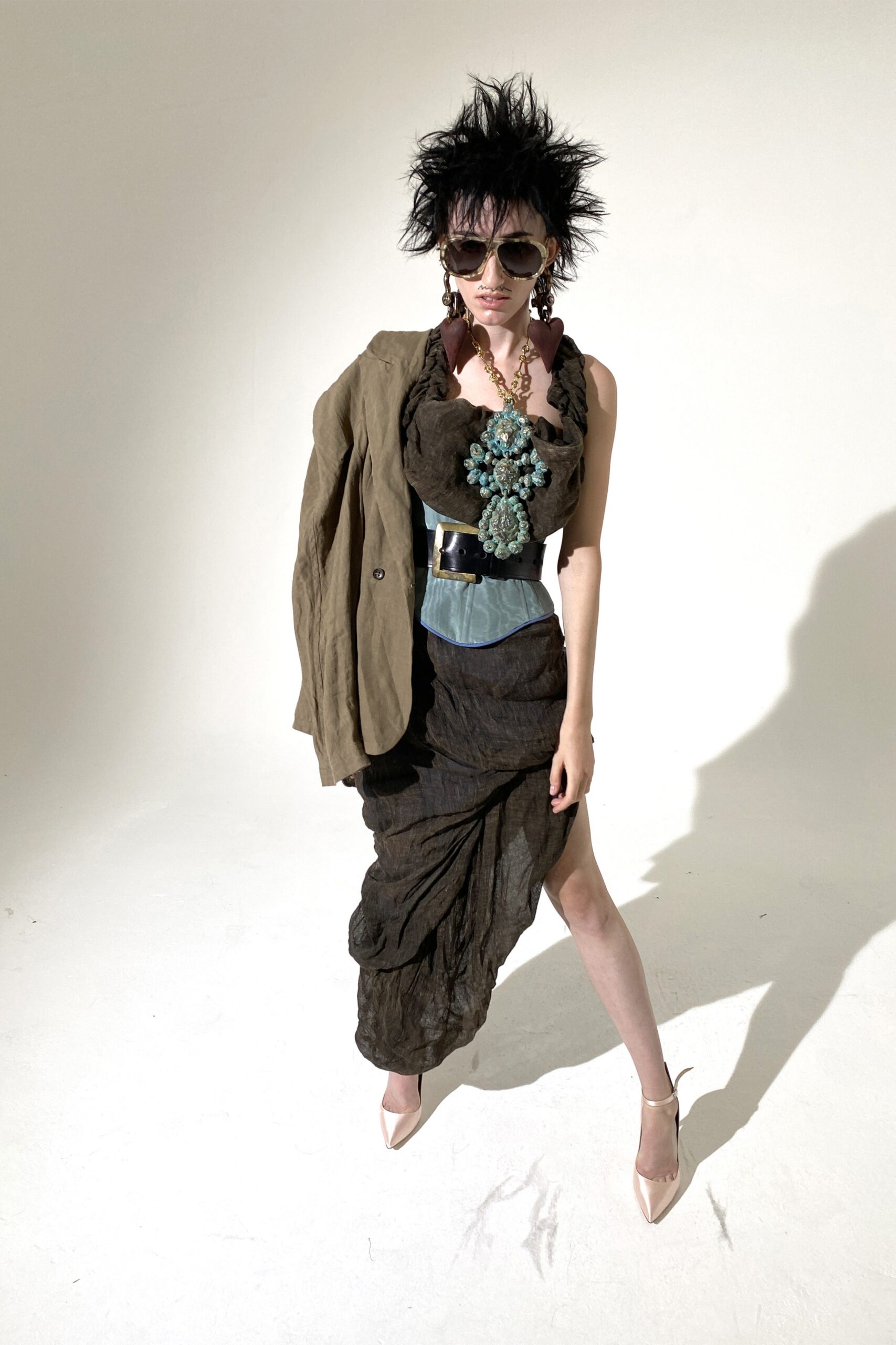 brown draped midi dress with beige jacket