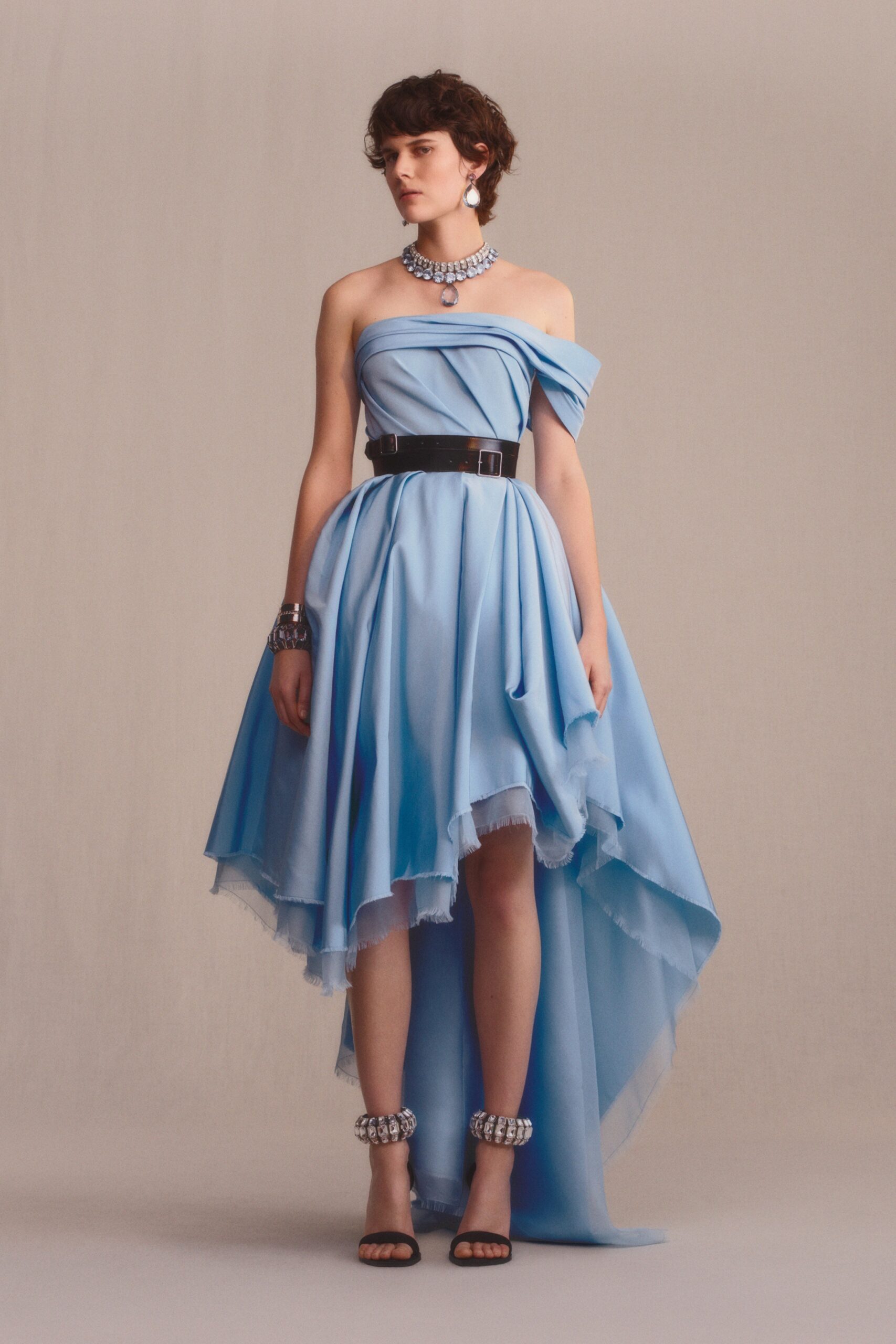 blue silk strapless asymmetric dress