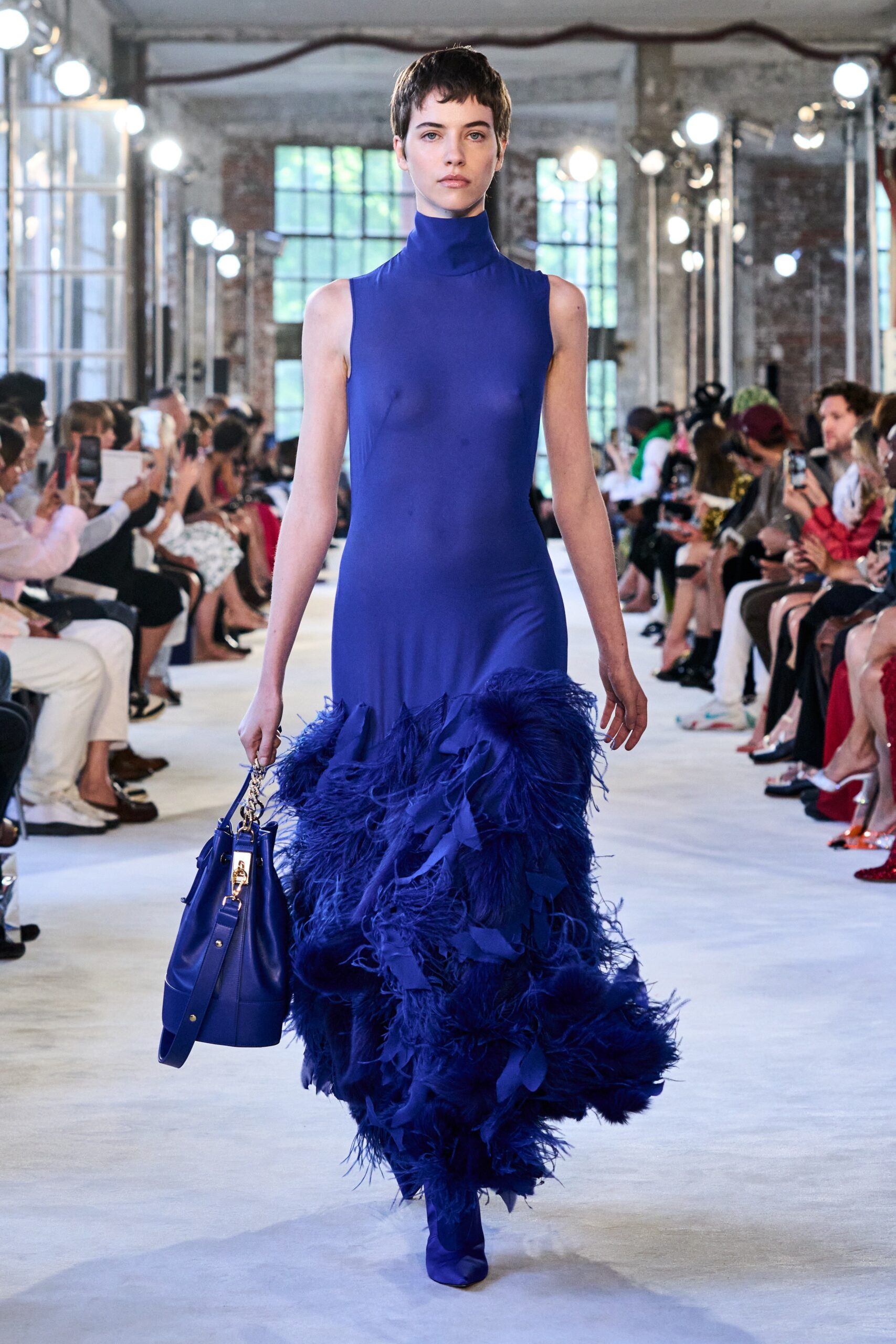 blue silk ruffled gown