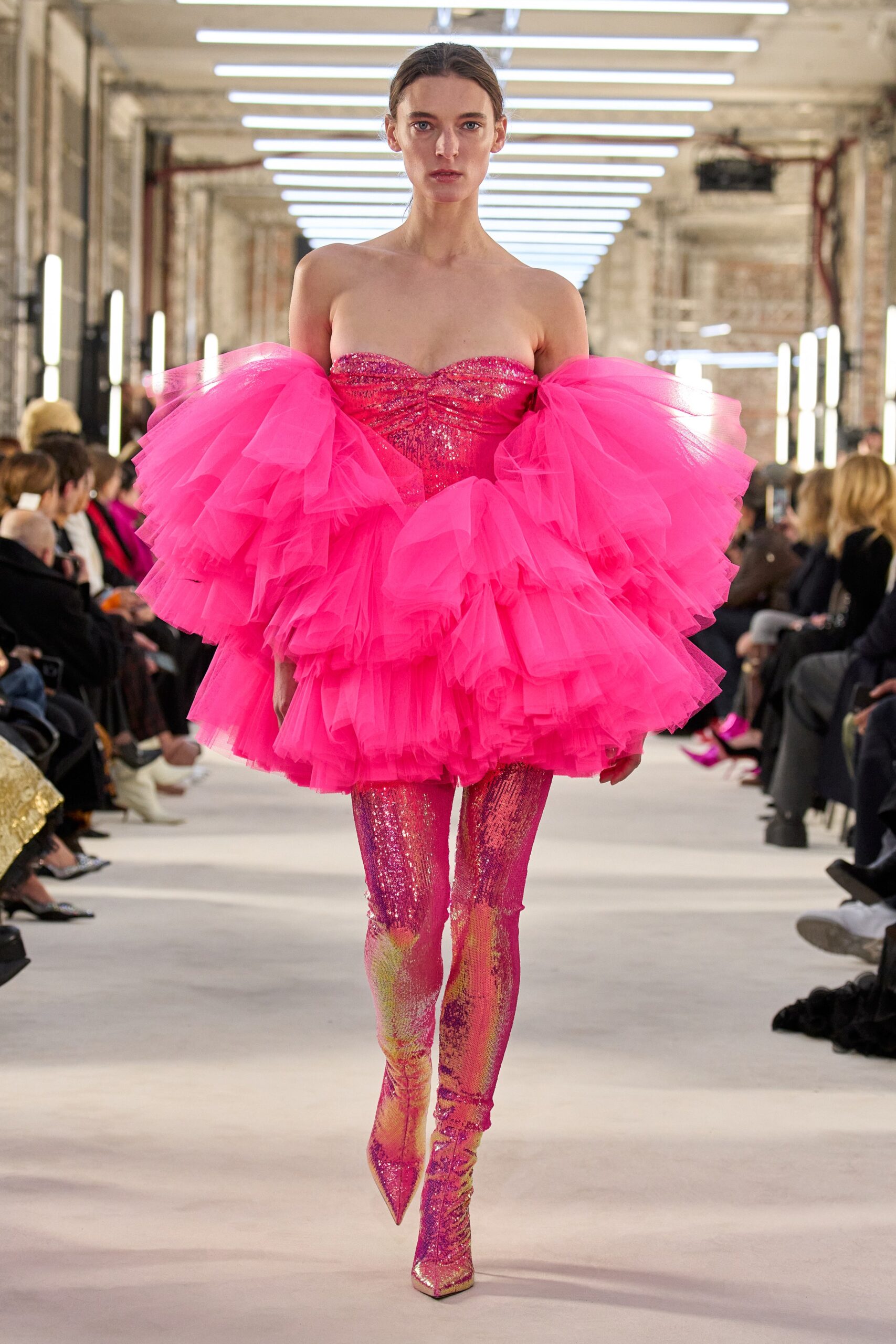 pink tulle strapless fitted ruffled flowing mini dress
