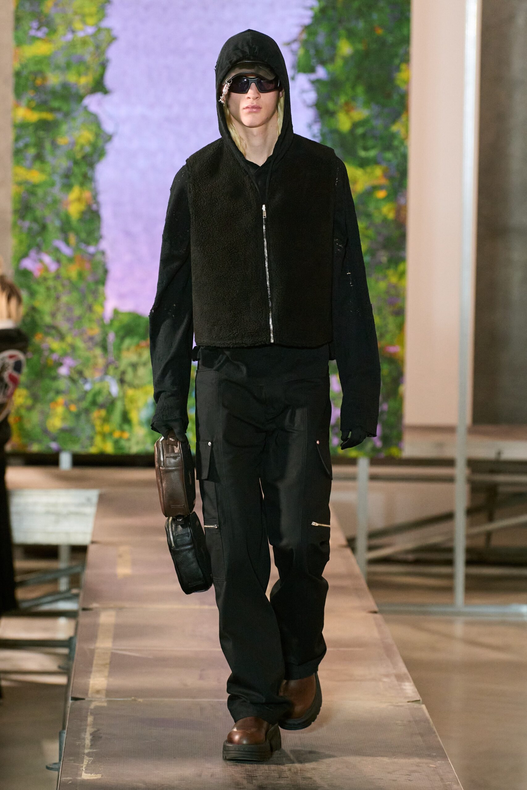 black faux-fur jacket with cargo pants