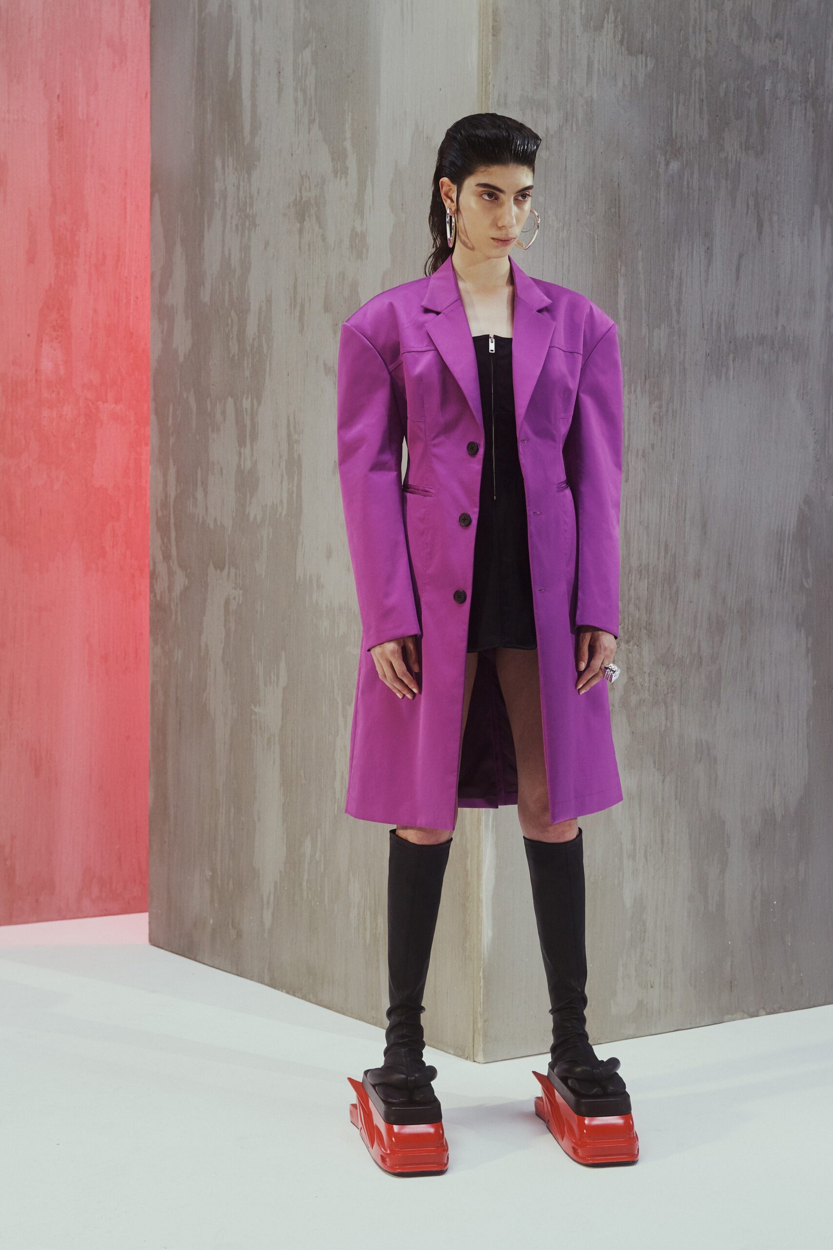 purple long-sleeve collared oversized buttoned coat